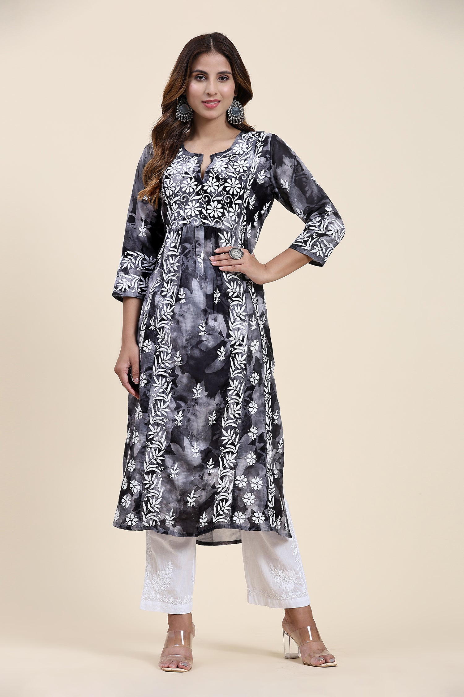 Fizaa Chikankari Long Kurta in Muslin Cotton for Women- Black Shade Print