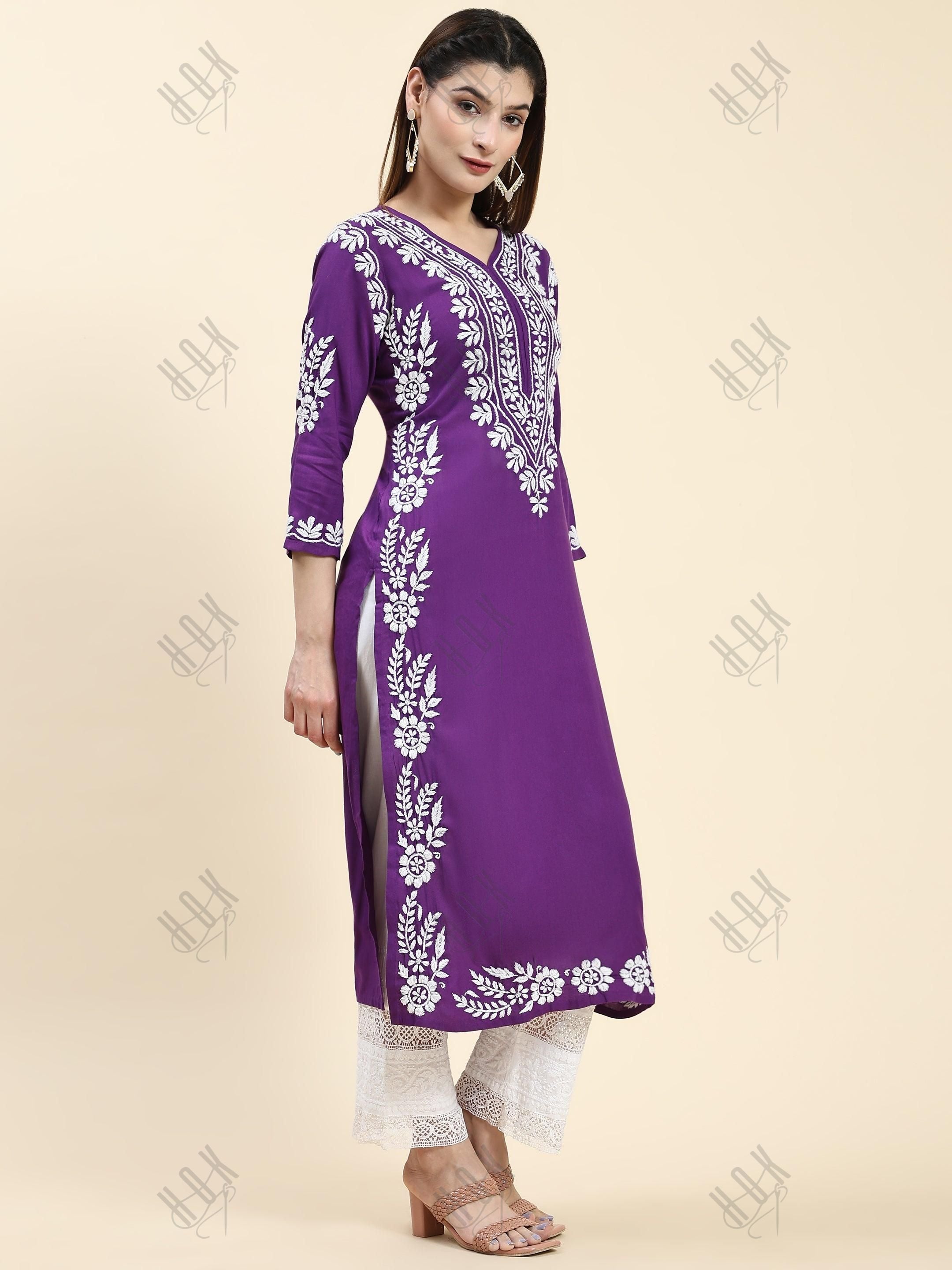 Tanika in Chikankari Long Kurta in Rayon Cotton for Women- Purple - House Of Kari (Chikankari Clothing)