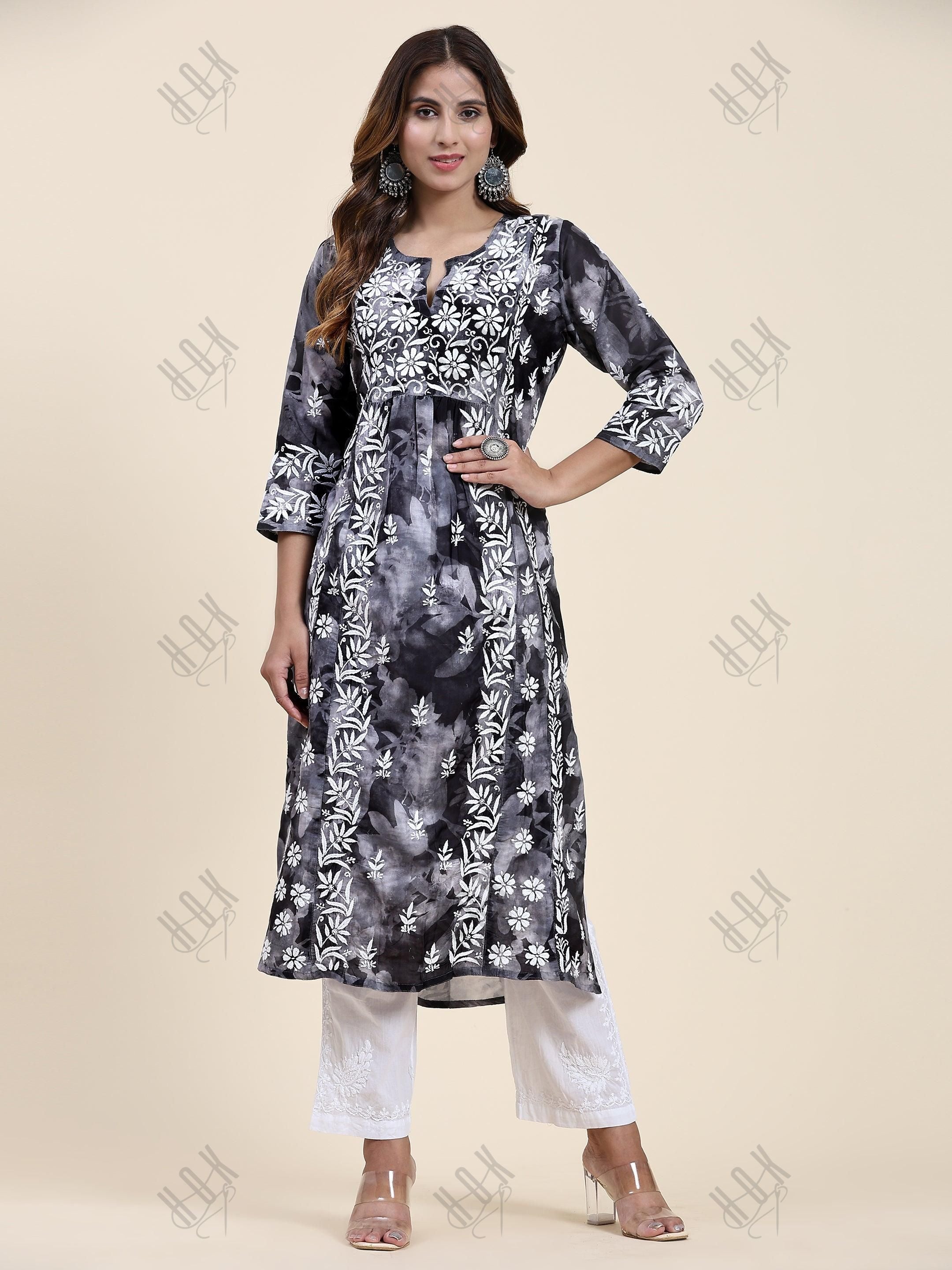 Fizaa Chikankari Long Kurta in Muslin Cotton for Women- Black Shade Print - House Of Kari (Chikankari Clothing)