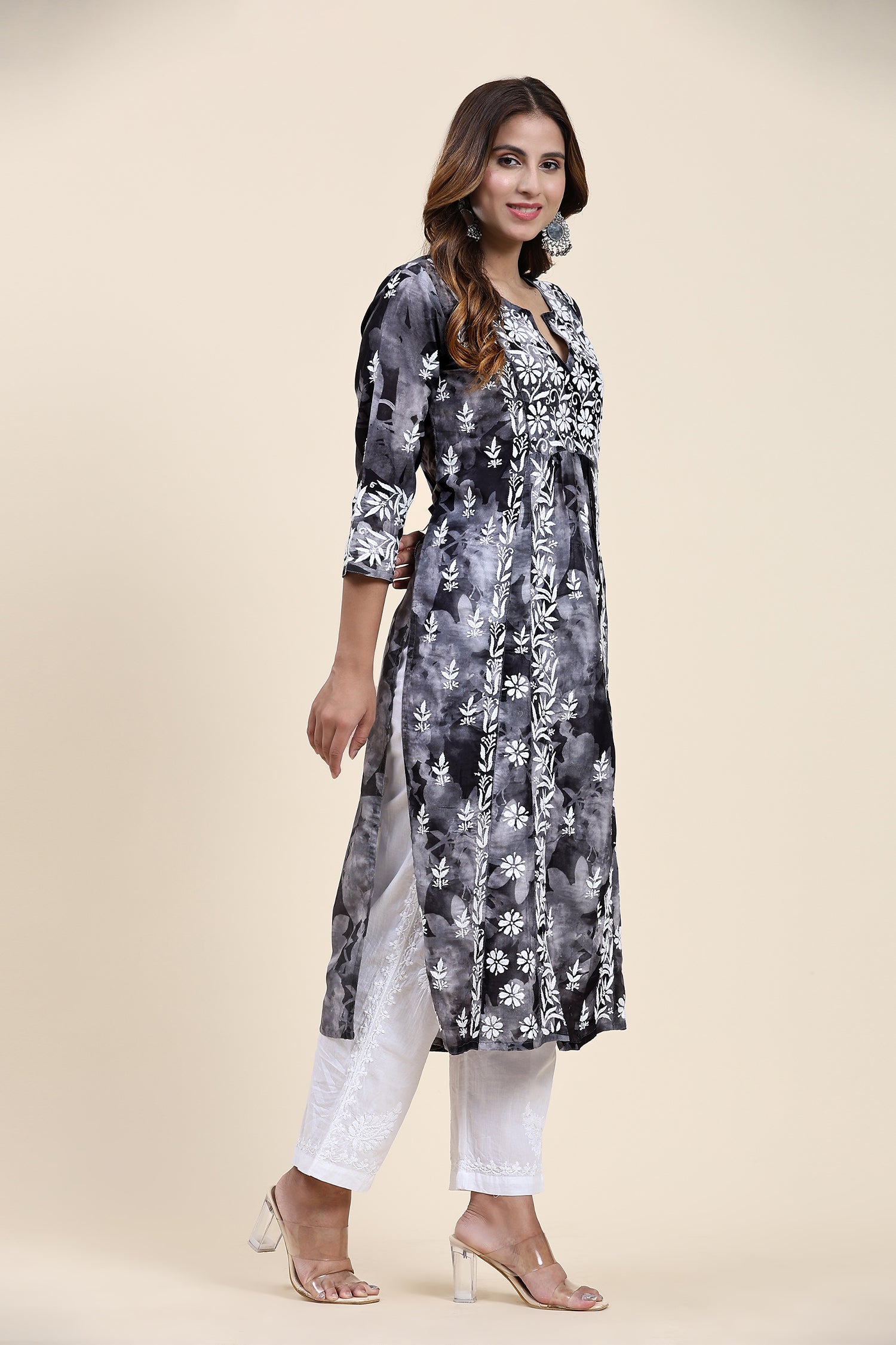 Fizaa Chikankari Long Kurta in Muslin Cotton for Women- Black Shade Print