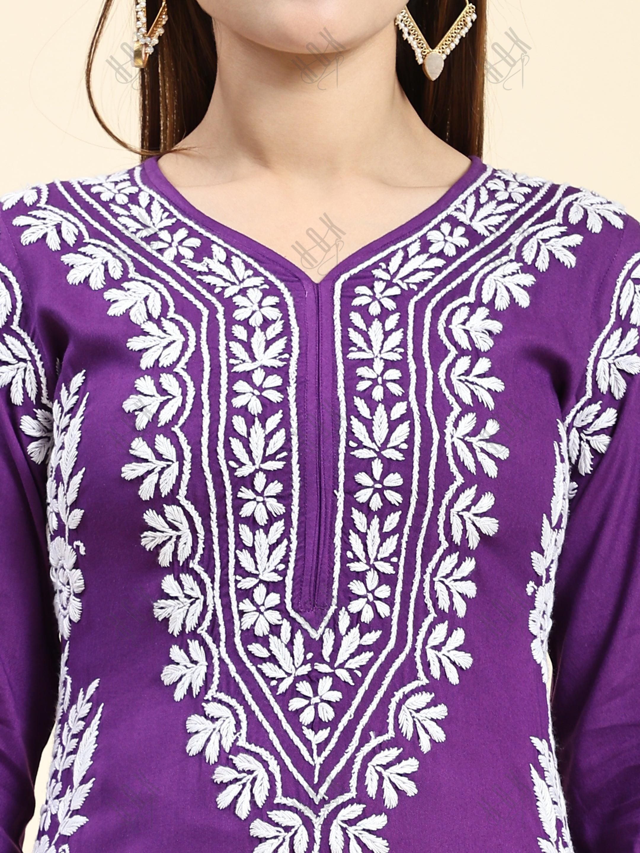 Tanika in Chikankari Long Kurta in Rayon Cotton for Women- Purple - House Of Kari (Chikankari Clothing)