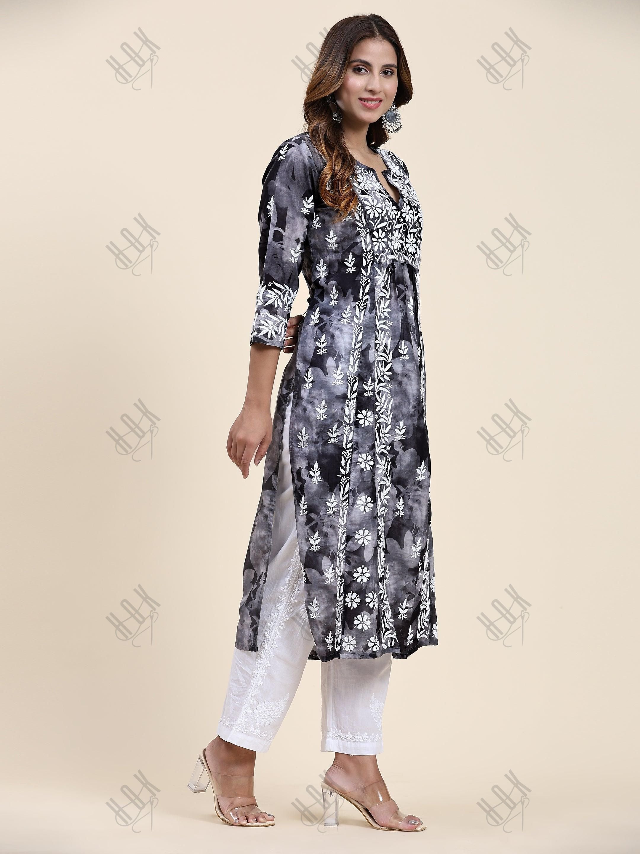 Fizaa Chikankari Long Kurta in Muslin Cotton for Women- Black Shade Print - House Of Kari (Chikankari Clothing)