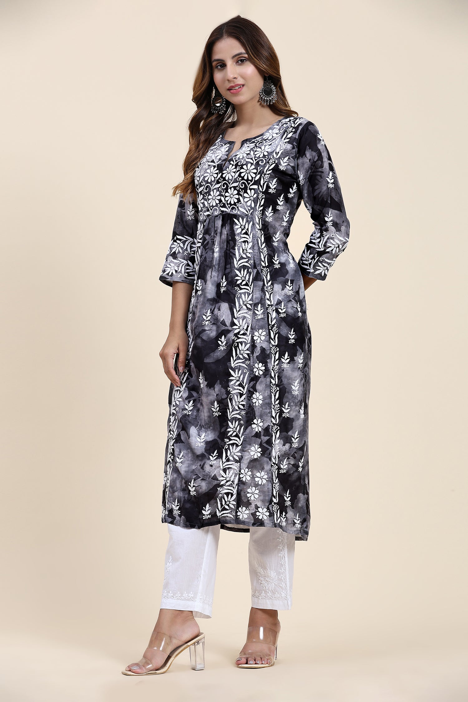 Fizaa Chikankari Long Kurta in Muslin Cotton for Women- Black Shade Print