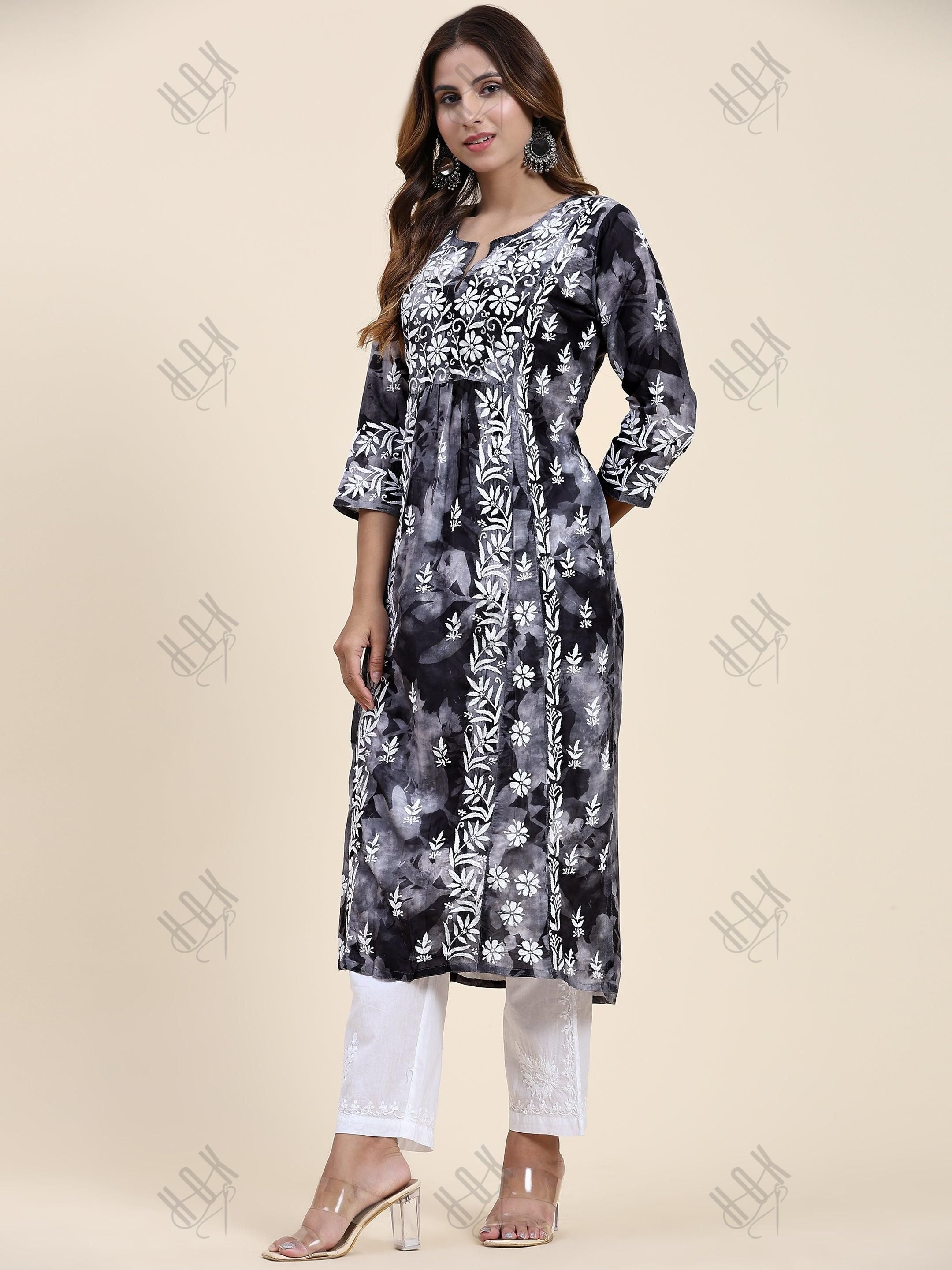 Fizaa Chikankari Long Kurta in Muslin Cotton for Women- Black Shade Print - House Of Kari (Chikankari Clothing)