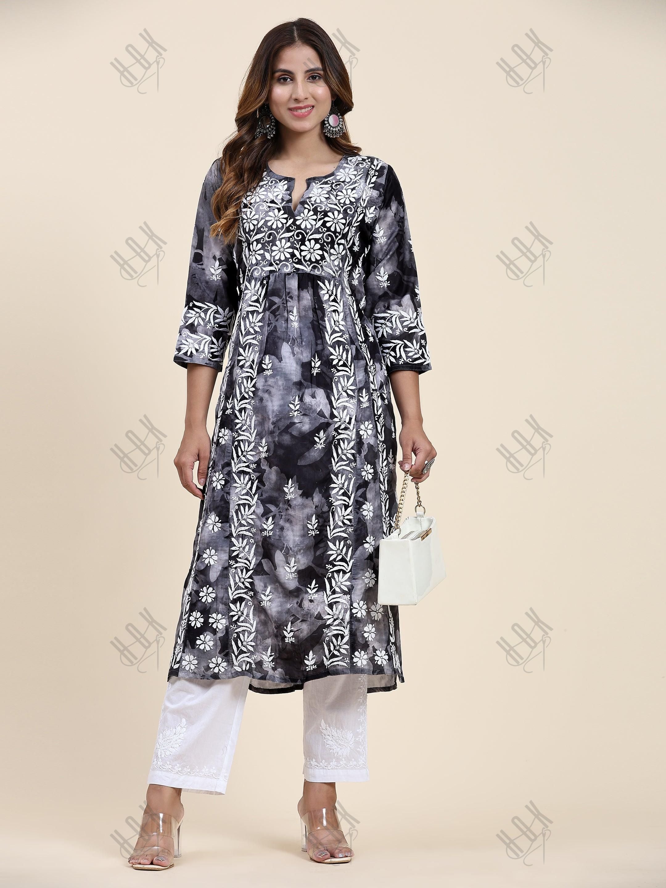 Fizaa Chikankari Long Kurta in Muslin Cotton for Women- Black Shade Print - House Of Kari (Chikankari Clothing)