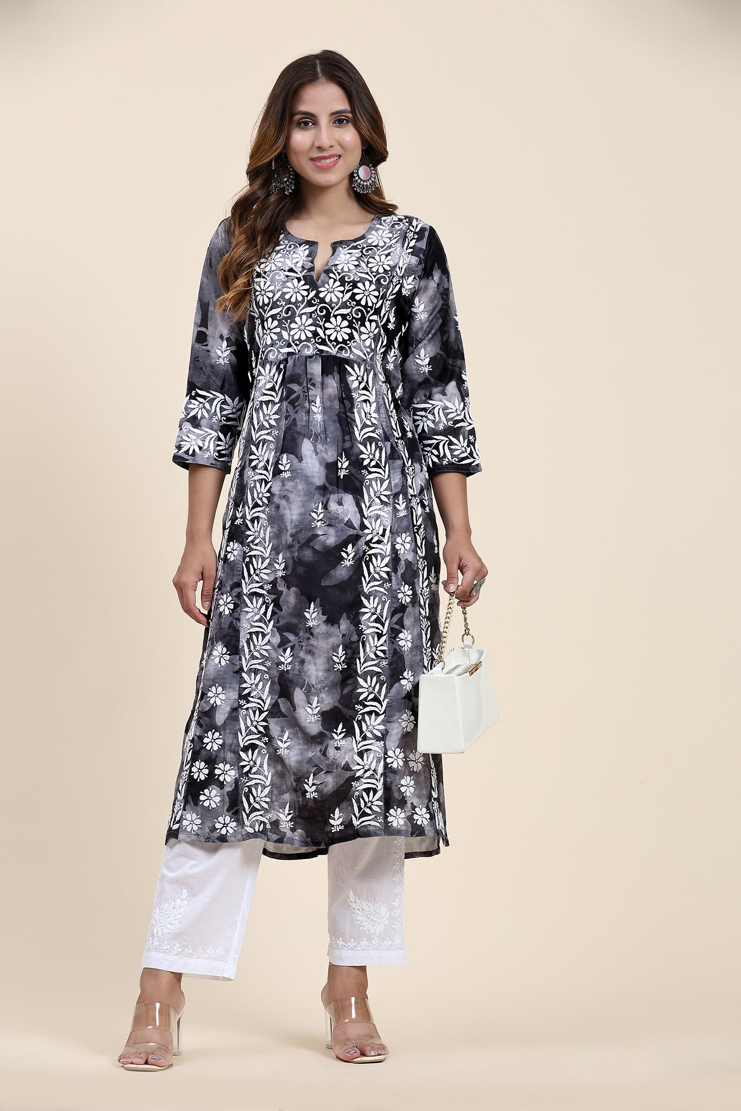 Fizaa Chikankari Long Kurta in Muslin Cotton for Women- Black Shade Print