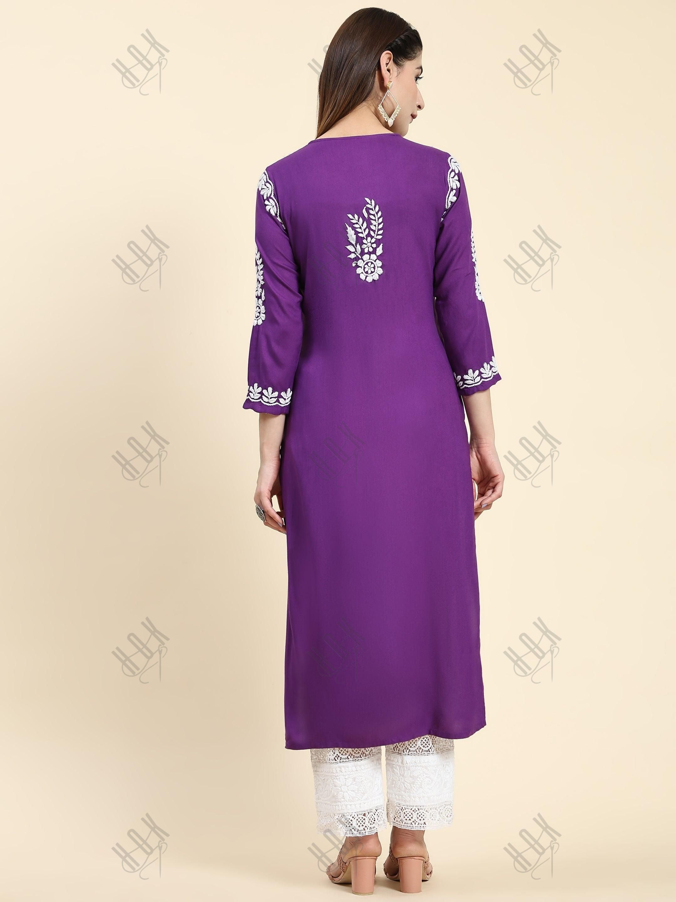 Tanika in Chikankari Long Kurta in Rayon Cotton for Women- Purple - House Of Kari (Chikankari Clothing)