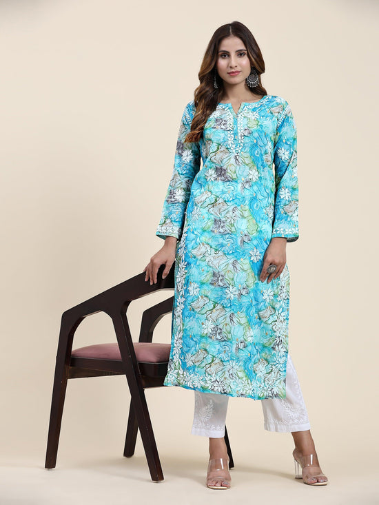 Samma Chikankari Long Kurta in Mul Cotton for Women- Blue Floral - House Of Kari (Chikankari Clothing)