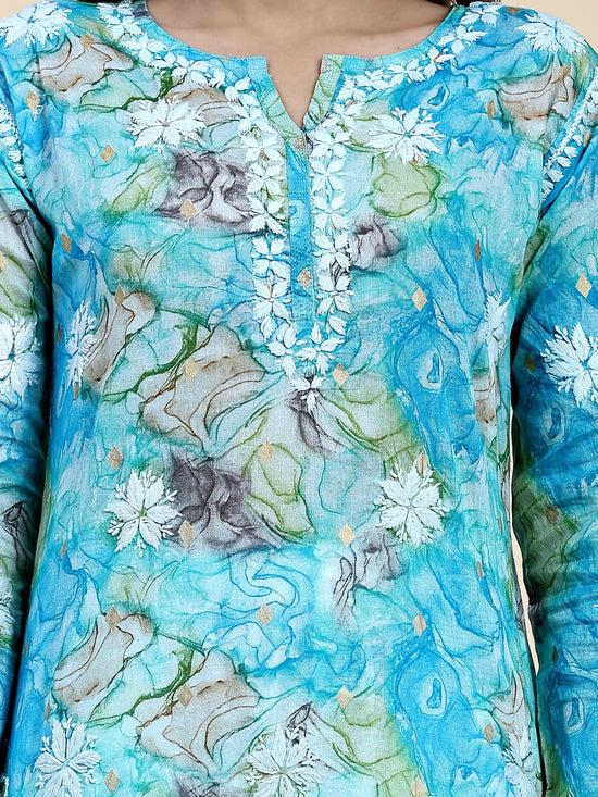 Load image into Gallery viewer, Samma Chikankari Long Kurta in Mul Cotton for Women- Blue Floral - House Of Kari (Chikankari Clothing)
