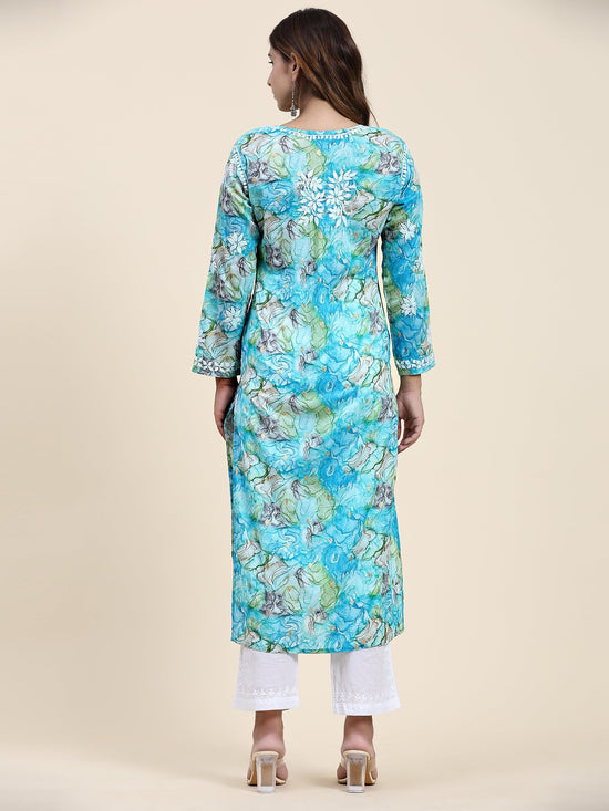 Samma Chikankari Long Kurta in Mul Cotton for Women- Blue Floral - House Of Kari (Chikankari Clothing)
