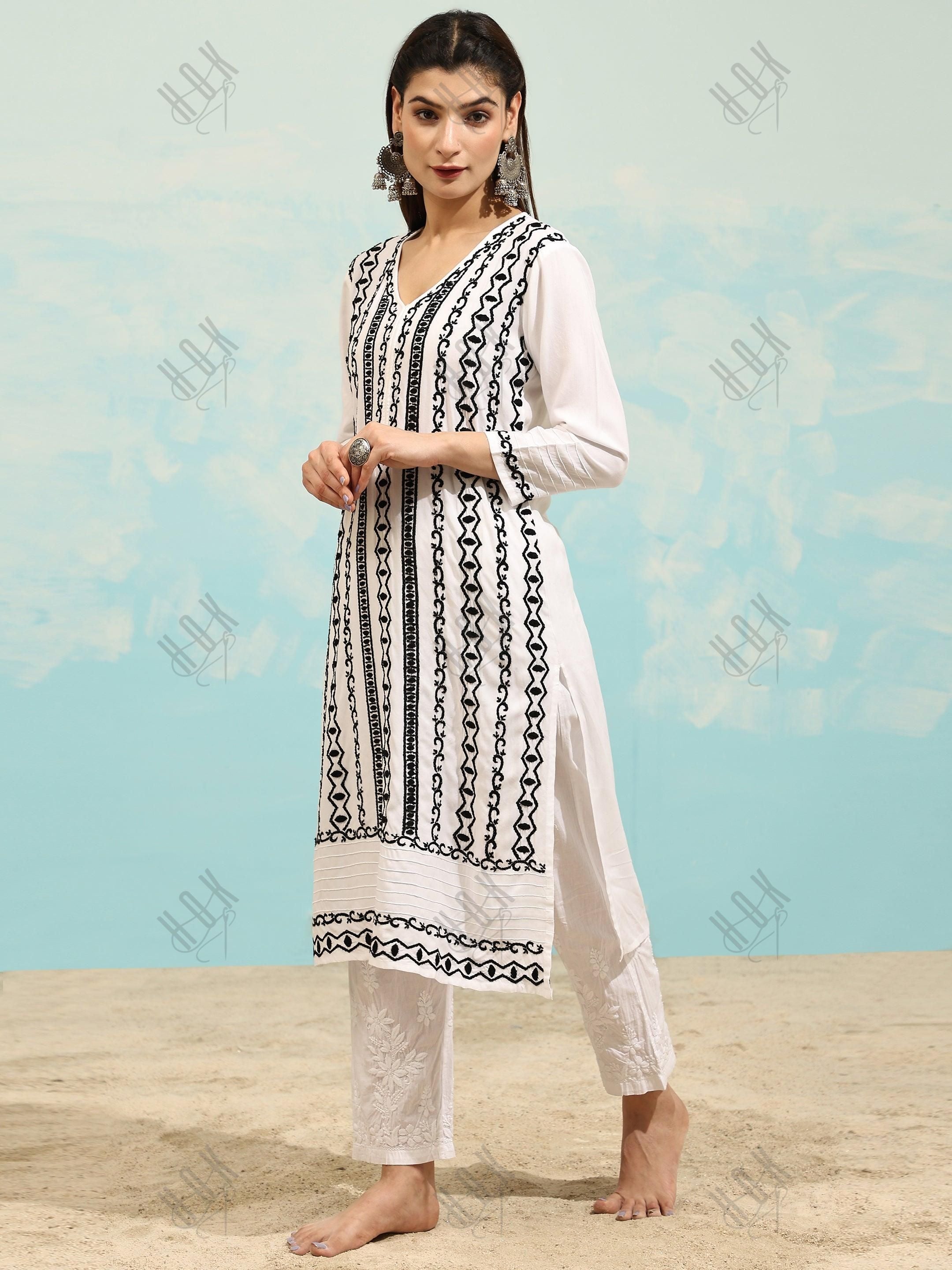 Farheen in Chikankari Long Kurta in Rayon Cotton for Women- White With Black - House Of Kari (Chikankari Clothing)