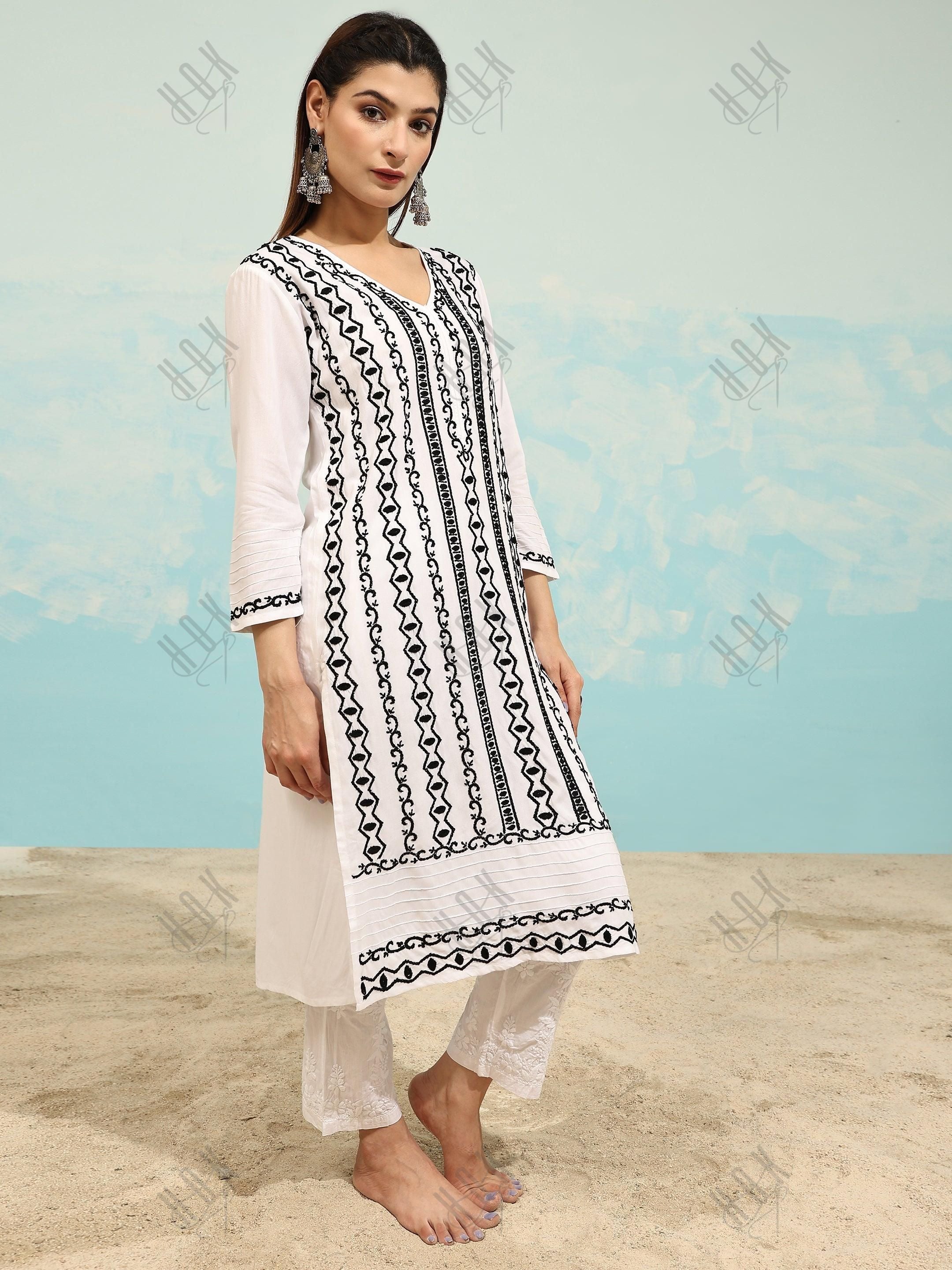 Farheen in Chikankari Long Kurta in Rayon Cotton for Women- White With Black - House Of Kari (Chikankari Clothing)