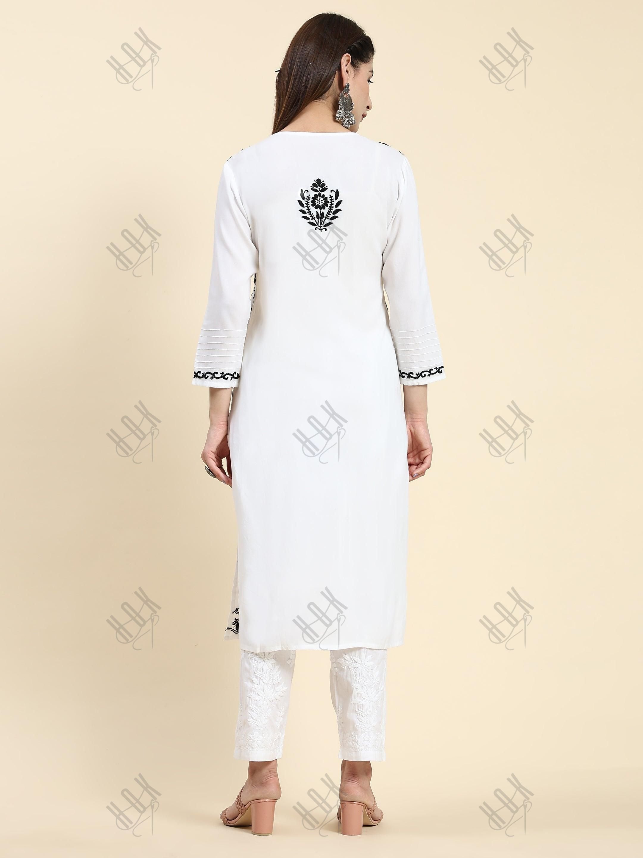 Farheen in Chikankari Long Kurta in Rayon Cotton for Women- White With Black - House Of Kari (Chikankari Clothing)