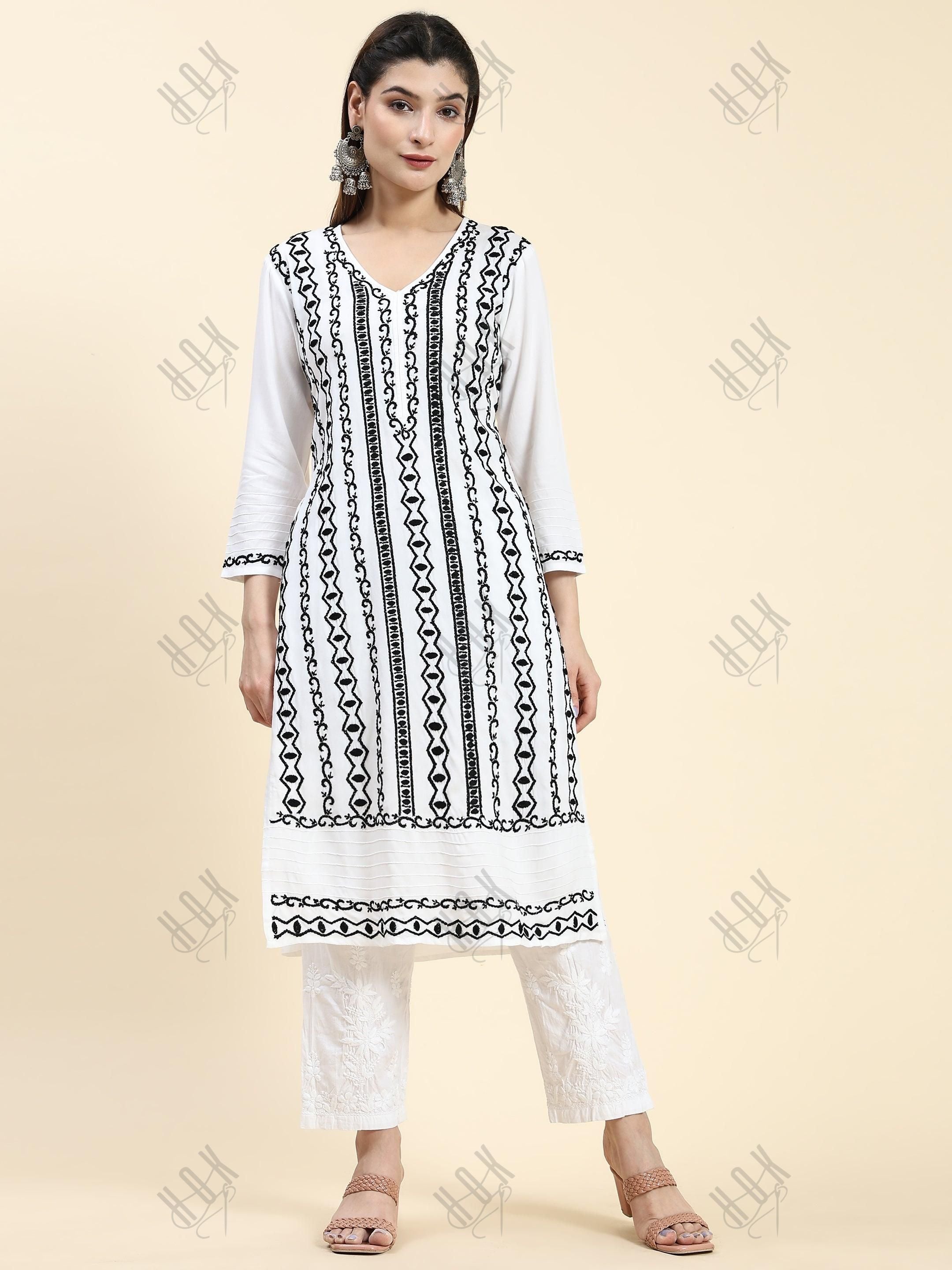 Farheen in Chikankari Long Kurta in Rayon Cotton for Women- White With Black - House Of Kari (Chikankari Clothing)