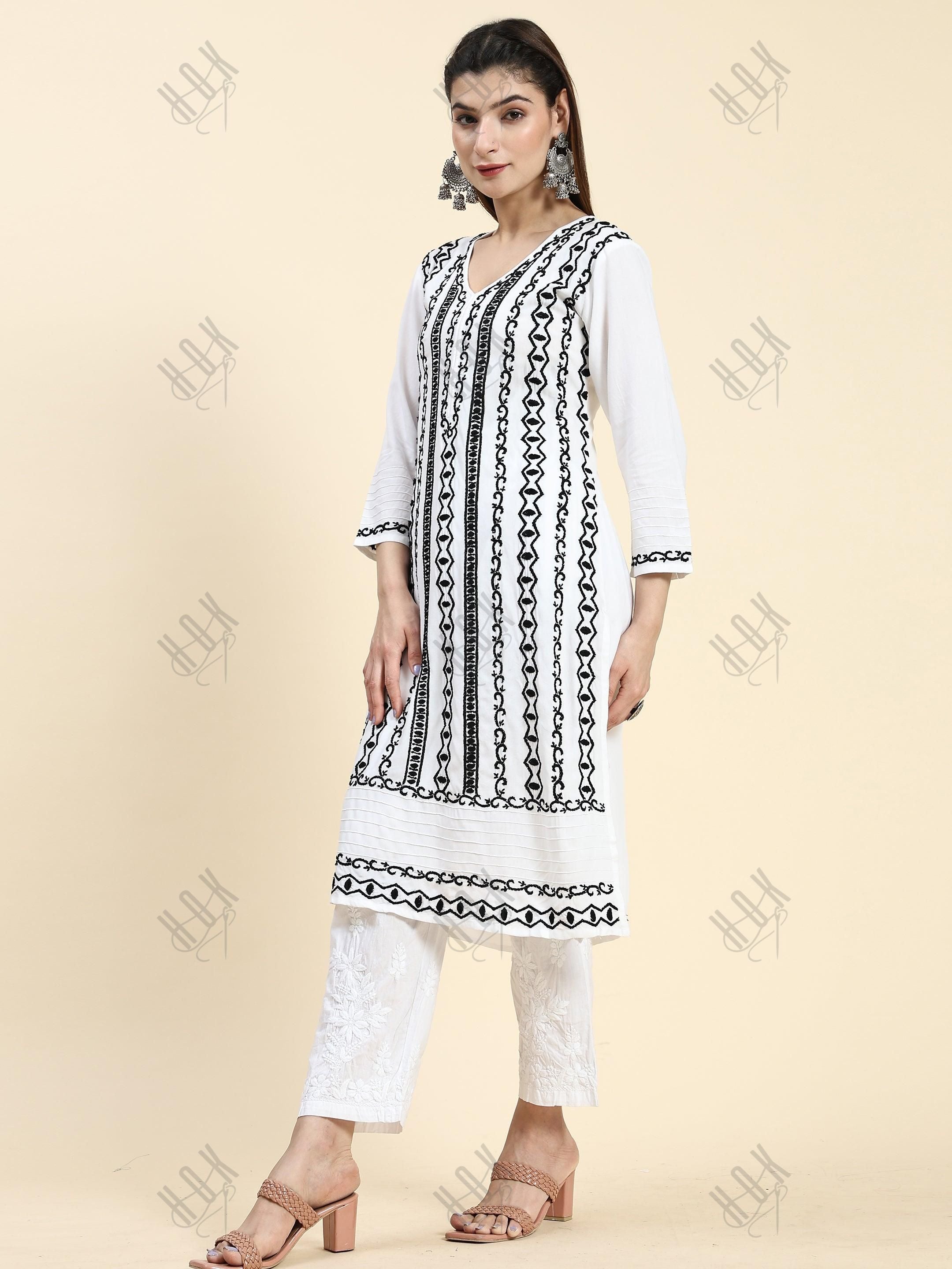 Farheen in Chikankari Long Kurta in Rayon Cotton for Women- White With Black - House Of Kari (Chikankari Clothing)