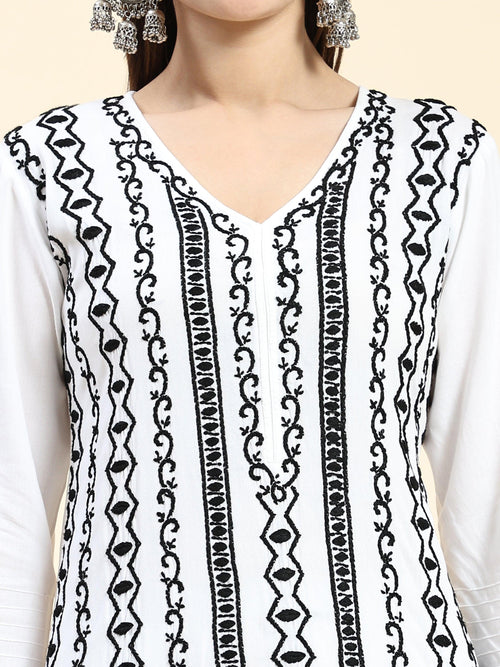 Farheen in Chikankari Long Kurta in Rayon Cotton for Women- White With Black - House Of Kari (Chikankari Clothing)