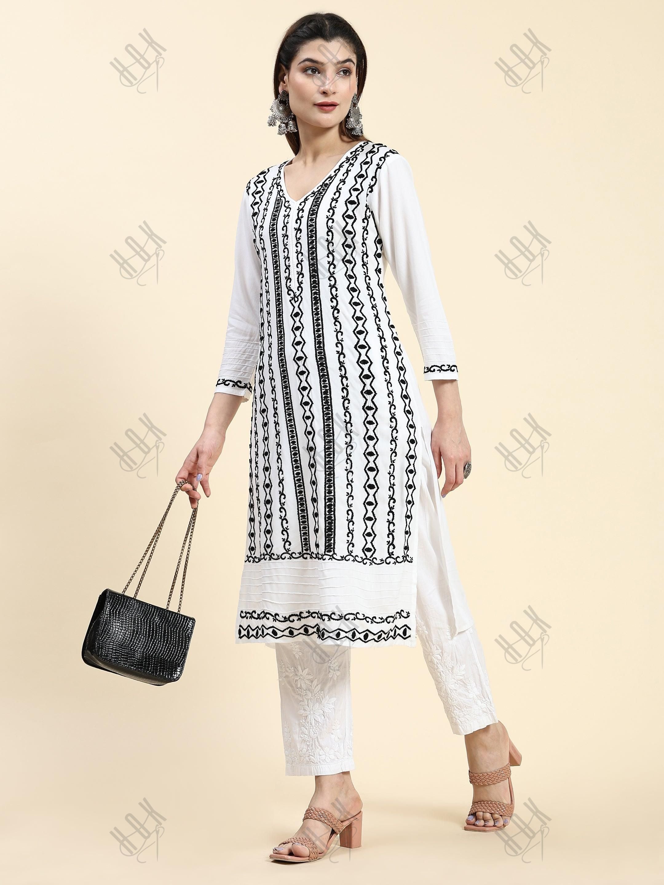 Farheen in Chikankari Long Kurta in Rayon Cotton for Women- White With Black - House Of Kari (Chikankari Clothing)