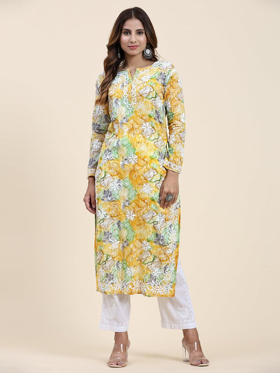 Samma Chikankari Long Kurta in Mul Cotton for Women- Yellow Floral - House Of Kari (Chikankari Clothing)