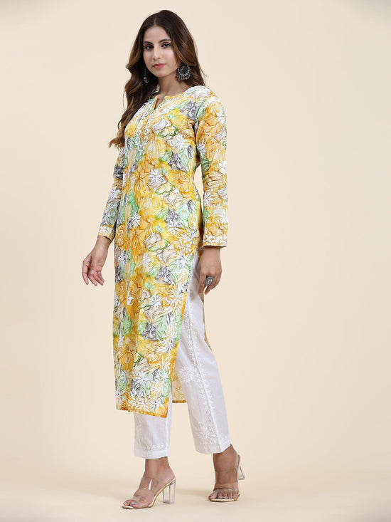 Samma Chikankari Long Kurta in Mul Cotton for Women- Yellow Floral - House Of Kari (Chikankari Clothing)