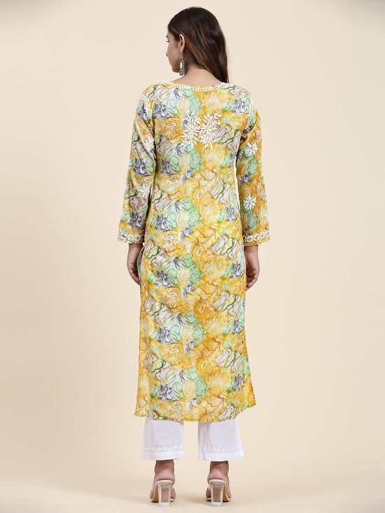 Load image into Gallery viewer, Shreya in Chikankari Long Kurta in Mul Cotton for Women- Yellow Floral - House Of Kari (Chikankari Clothing)
