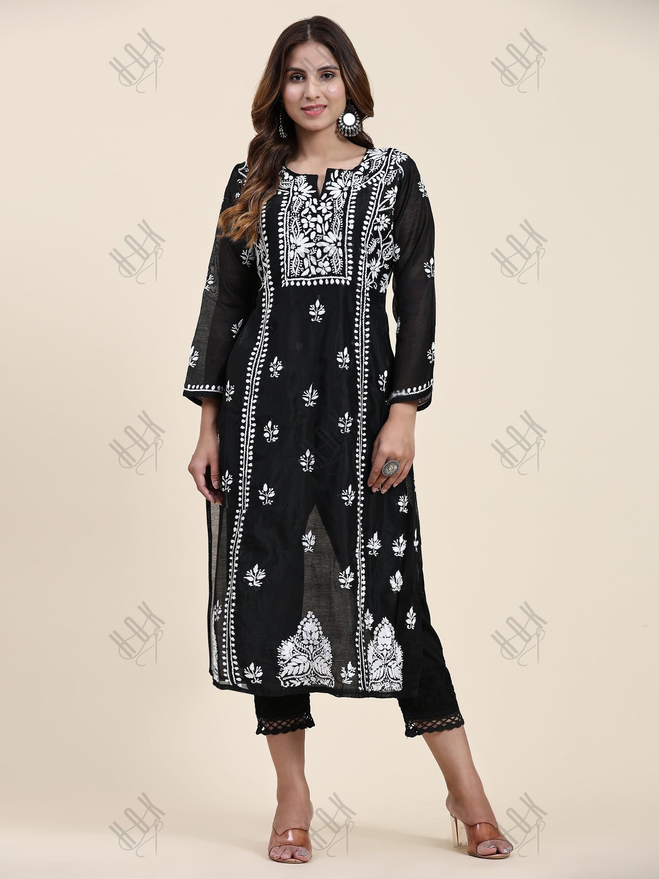 Samma Chikankari Long Kurta in Chanderi Silk for Women- Black - House Of Kari (Chikankari Clothing)