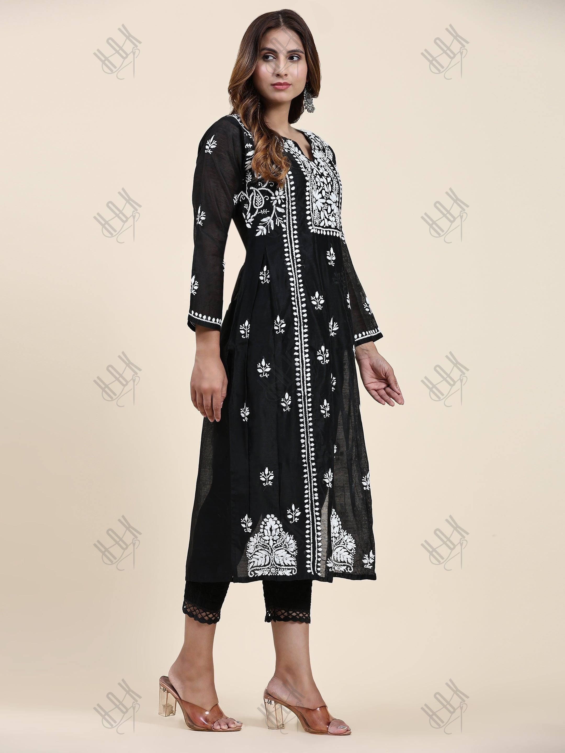 Samma Chikankari Long Kurta in Chanderi Silk for Women- Black - House Of Kari (Chikankari Clothing)