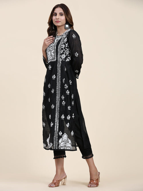 Samma Chikankari Long Kurta in Chanderi Silk for Women- Black - House Of Kari (Chikankari Clothing)