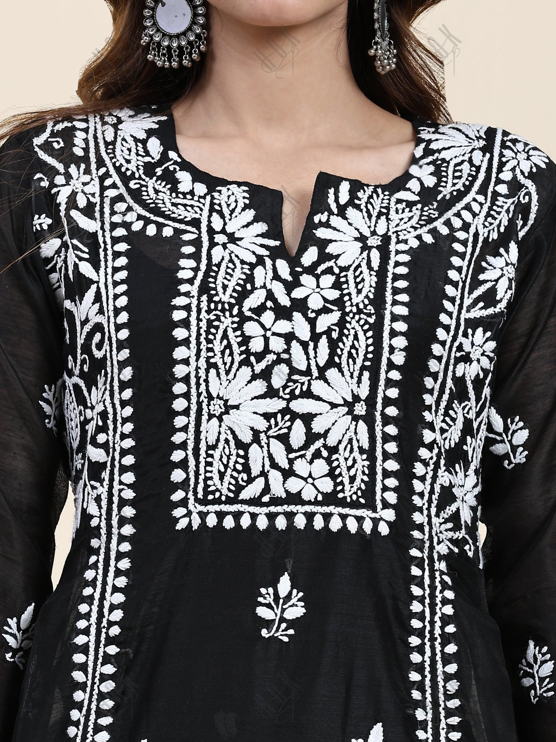 Samma Chikankari Long Kurta in Chanderi Silk for Women- Black - House Of Kari (Chikankari Clothing)