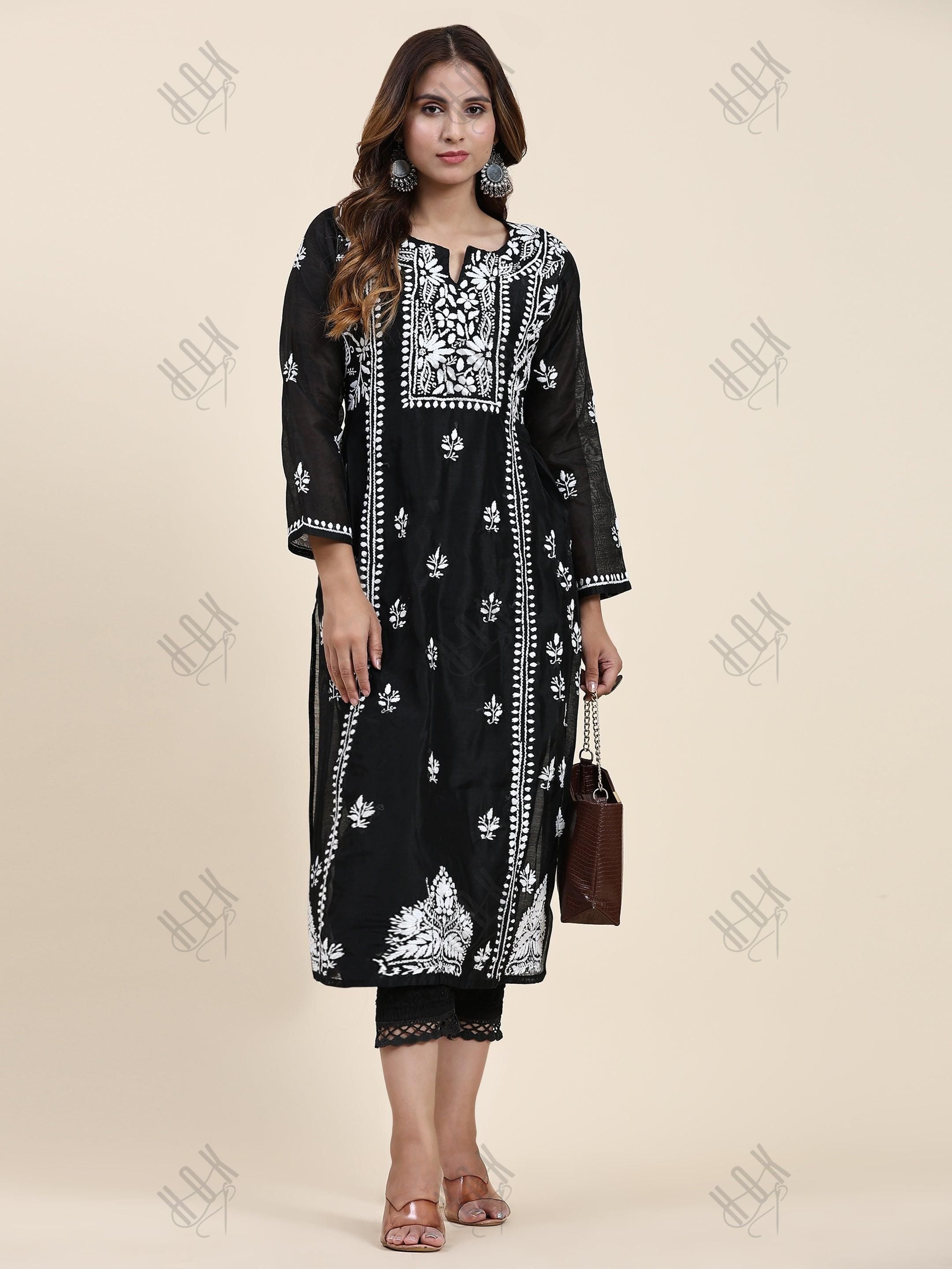 Samma Chikankari Long Kurta in Chanderi Silk for Women- Black - House Of Kari (Chikankari Clothing)