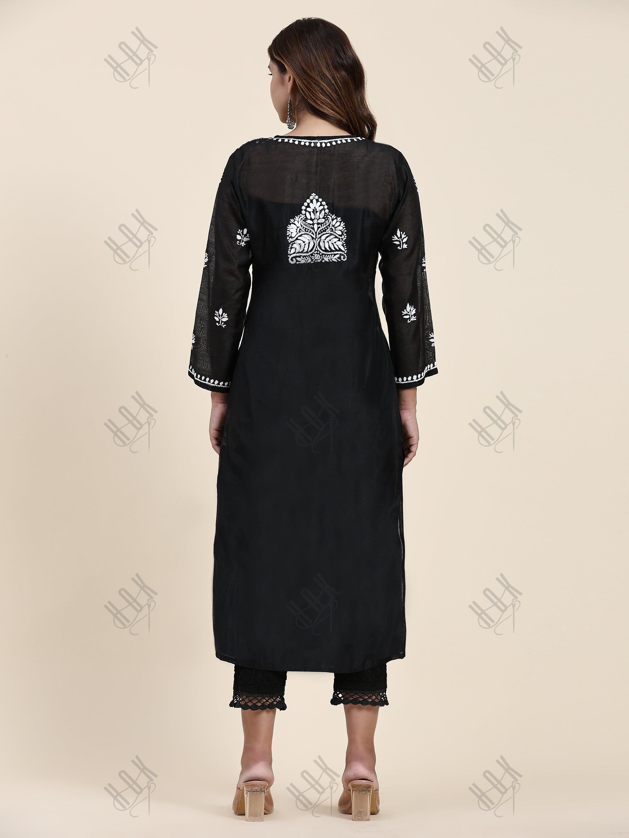 Samma Chikankari Long Kurta in Chanderi Silk for Women- Black - House Of Kari (Chikankari Clothing)