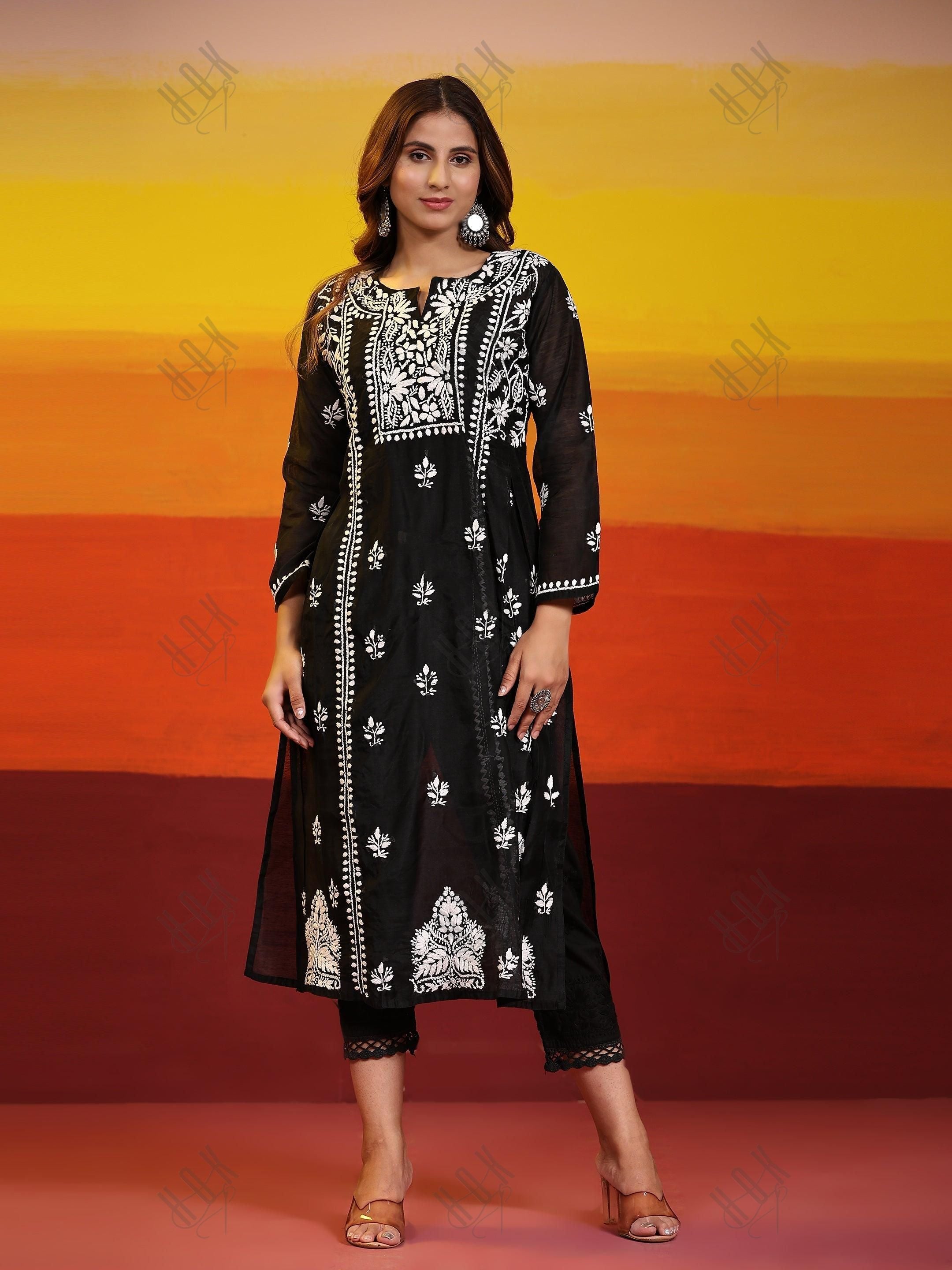 Samma Chikankari Long Kurta in Chanderi Silk for Women- Black - House Of Kari (Chikankari Clothing)