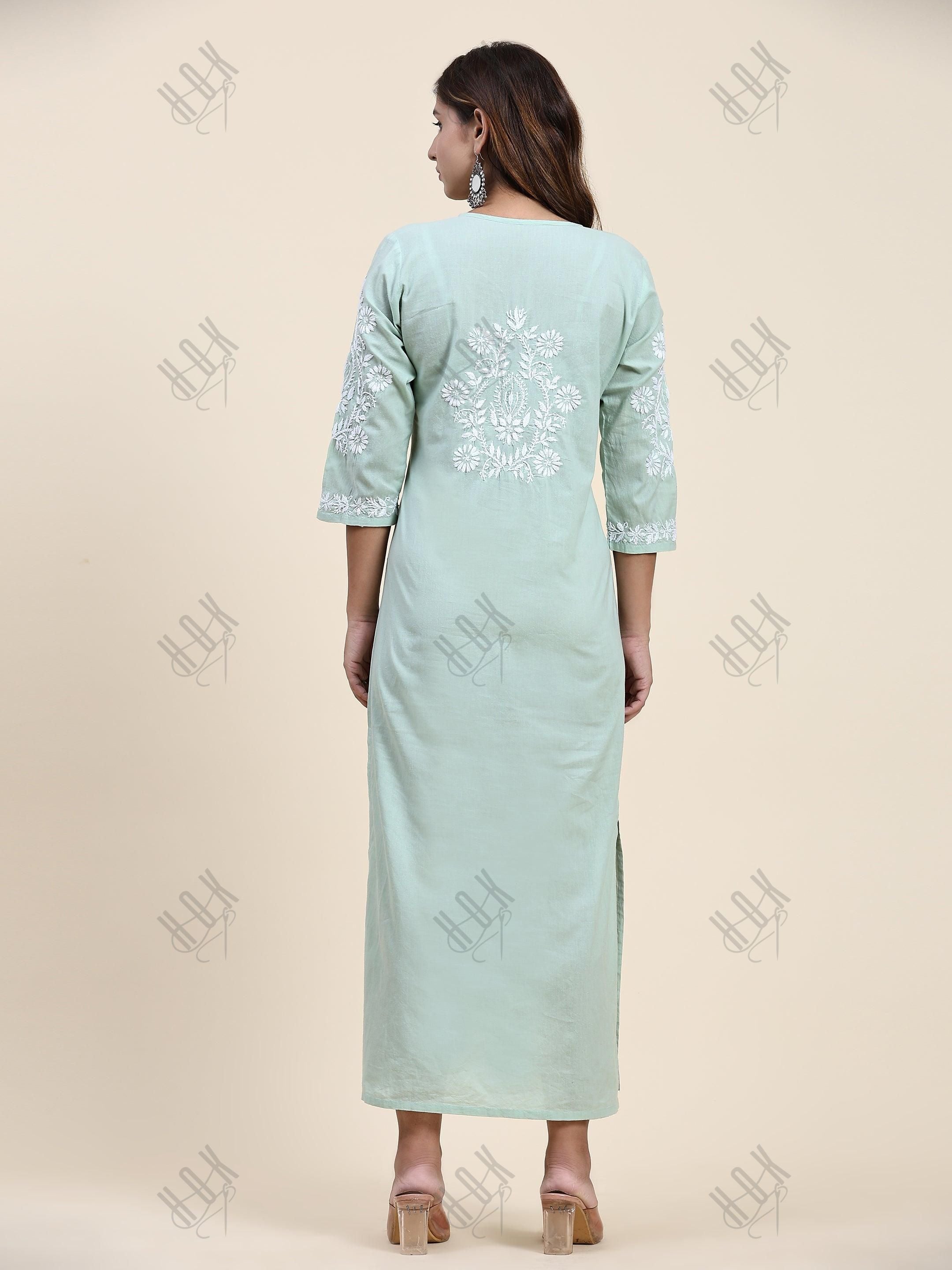 Fizaa Chikankari Long Kurti In Cotton for Women- Mint Green - House Of Kari (Chikankari Clothing)