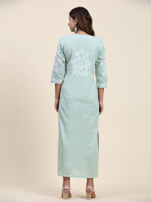 Load image into Gallery viewer, Fizaa Chikankari Long Kurti In Cotton for Women- Mint Green
