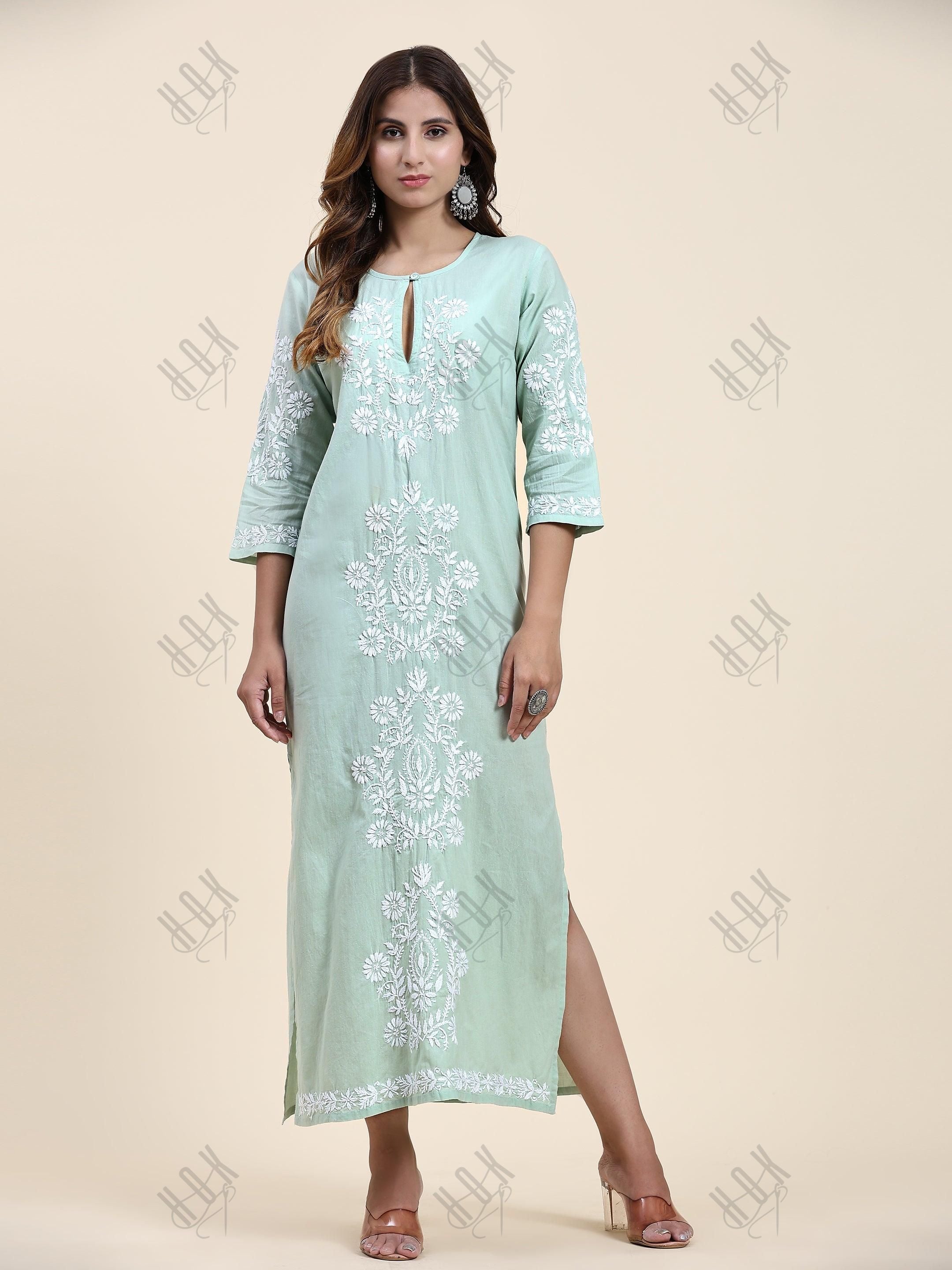 Fizaa Chikankari Long Kurti In Cotton for Women- Mint Green - House Of Kari (Chikankari Clothing)