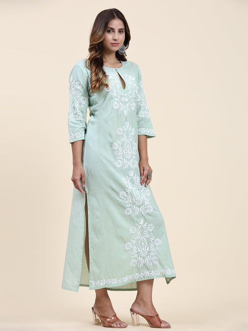 Fizaa Chikankari Long Kurti In Cotton for Women- Mint Green - House Of Kari (Chikankari Clothing)