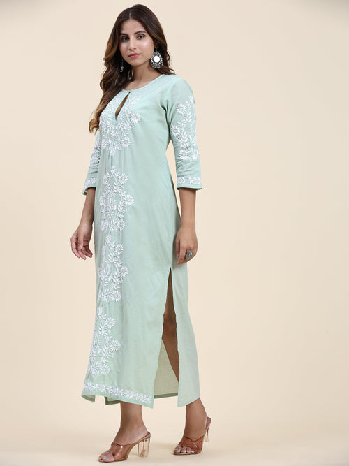 Fizaa Chikankari Long Kurti In Cotton for Women- Mint Green - House Of Kari (Chikankari Clothing)