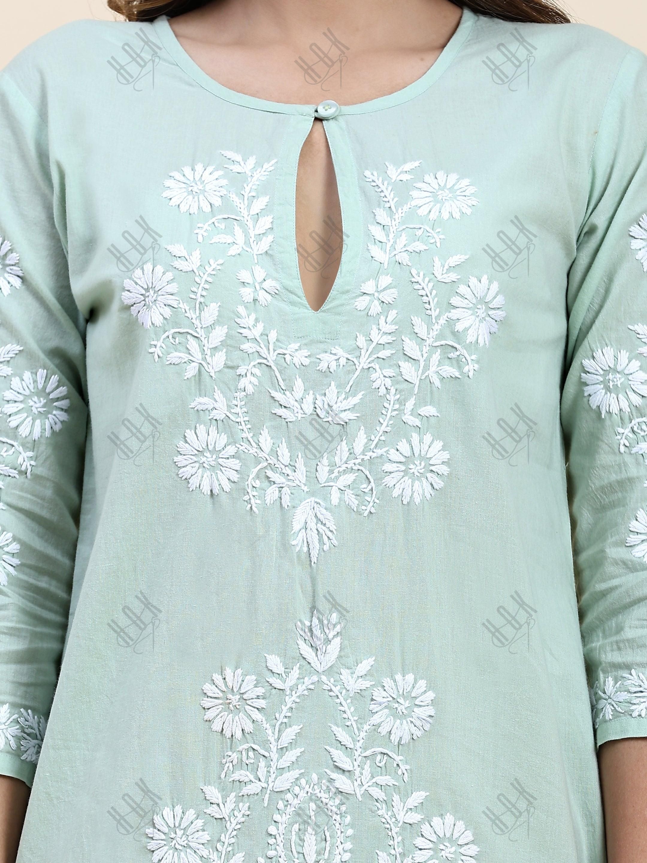 Fizaa Chikankari Long Kurti In Cotton for Women- Mint Green - House Of Kari (Chikankari Clothing)