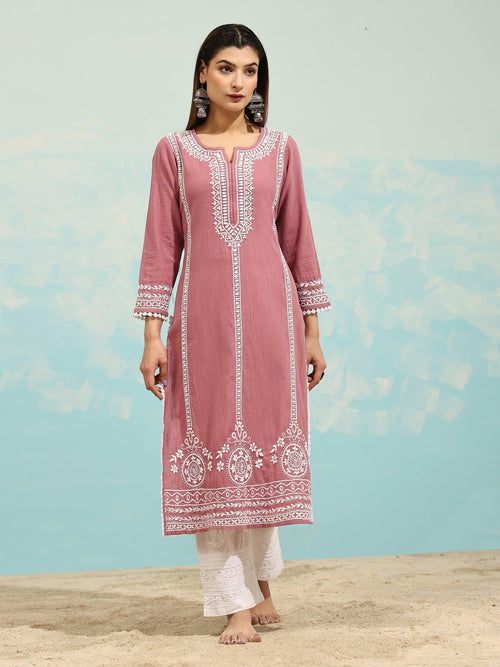 Load image into Gallery viewer, Gunjan in Samma Chikankari Long Kurti In Cotton for Women- Peach - House Of Kari (Chikankari Clothing)
