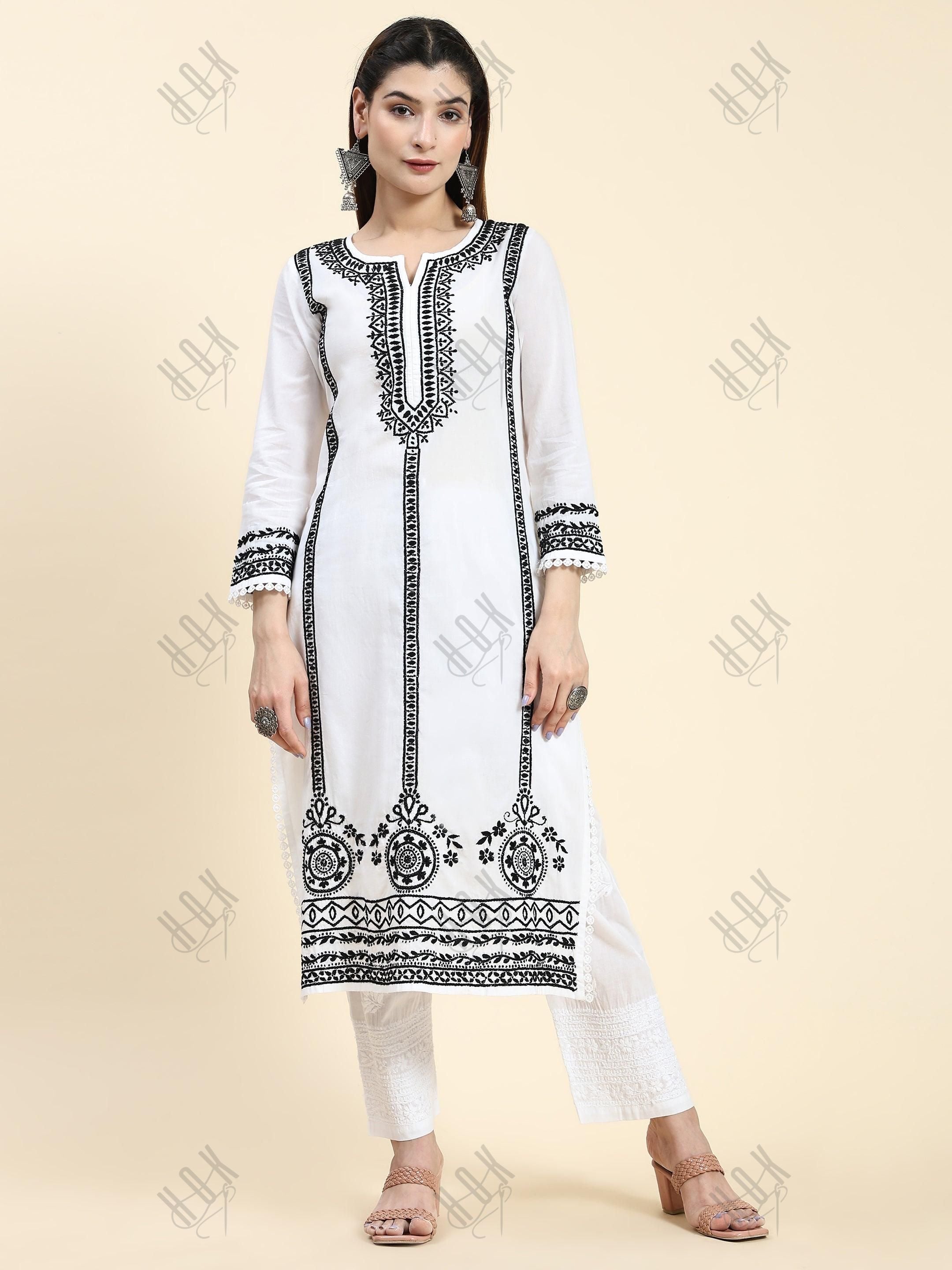 Jiya in HOK Chikankari Long Kurti In Cotton for Women- White With Black - House Of Kari (Chikankari Clothing)