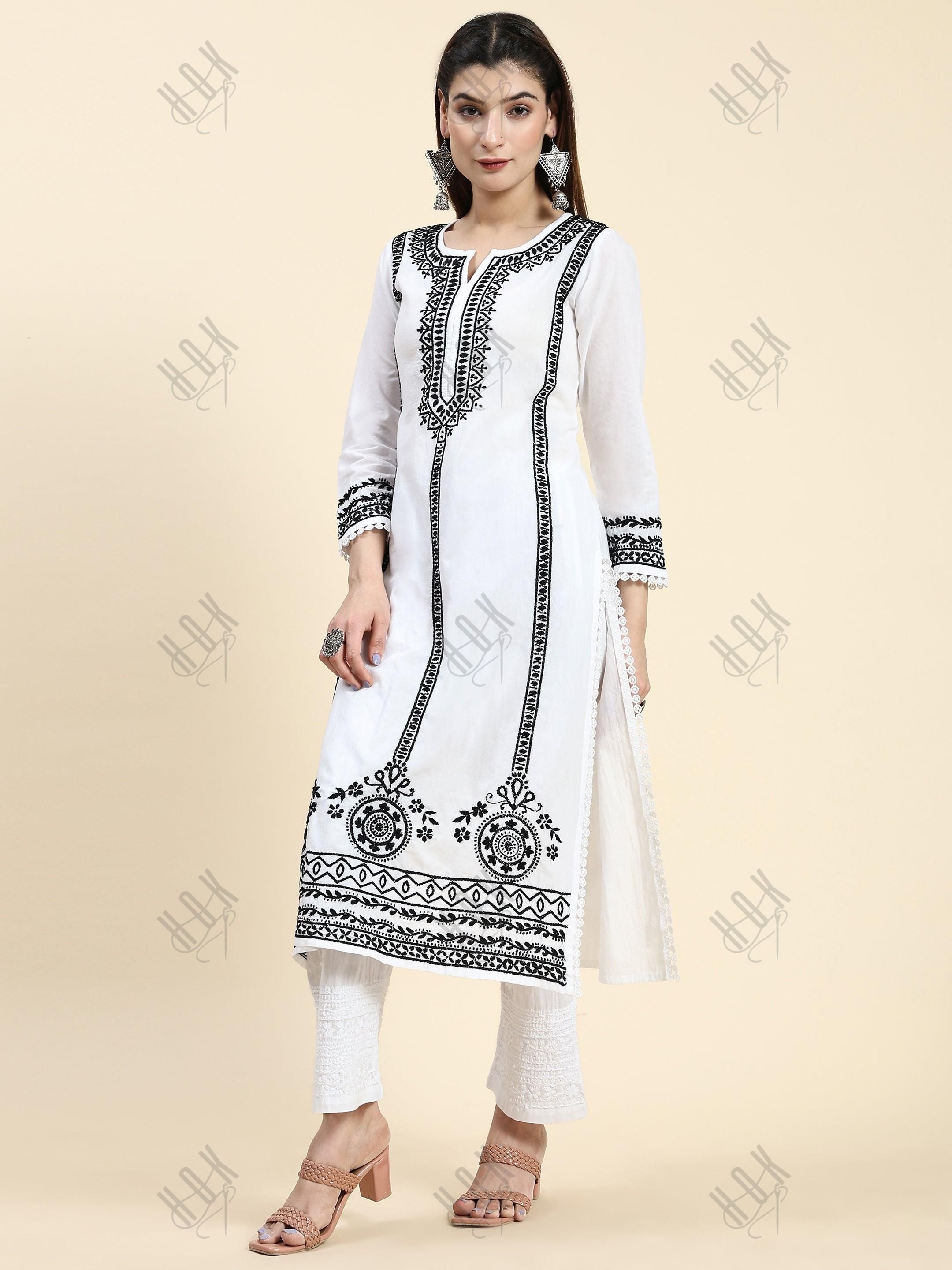 Jiya in HOK Chikankari Long Kurti In Cotton for Women- White With Black - House Of Kari (Chikankari Clothing)