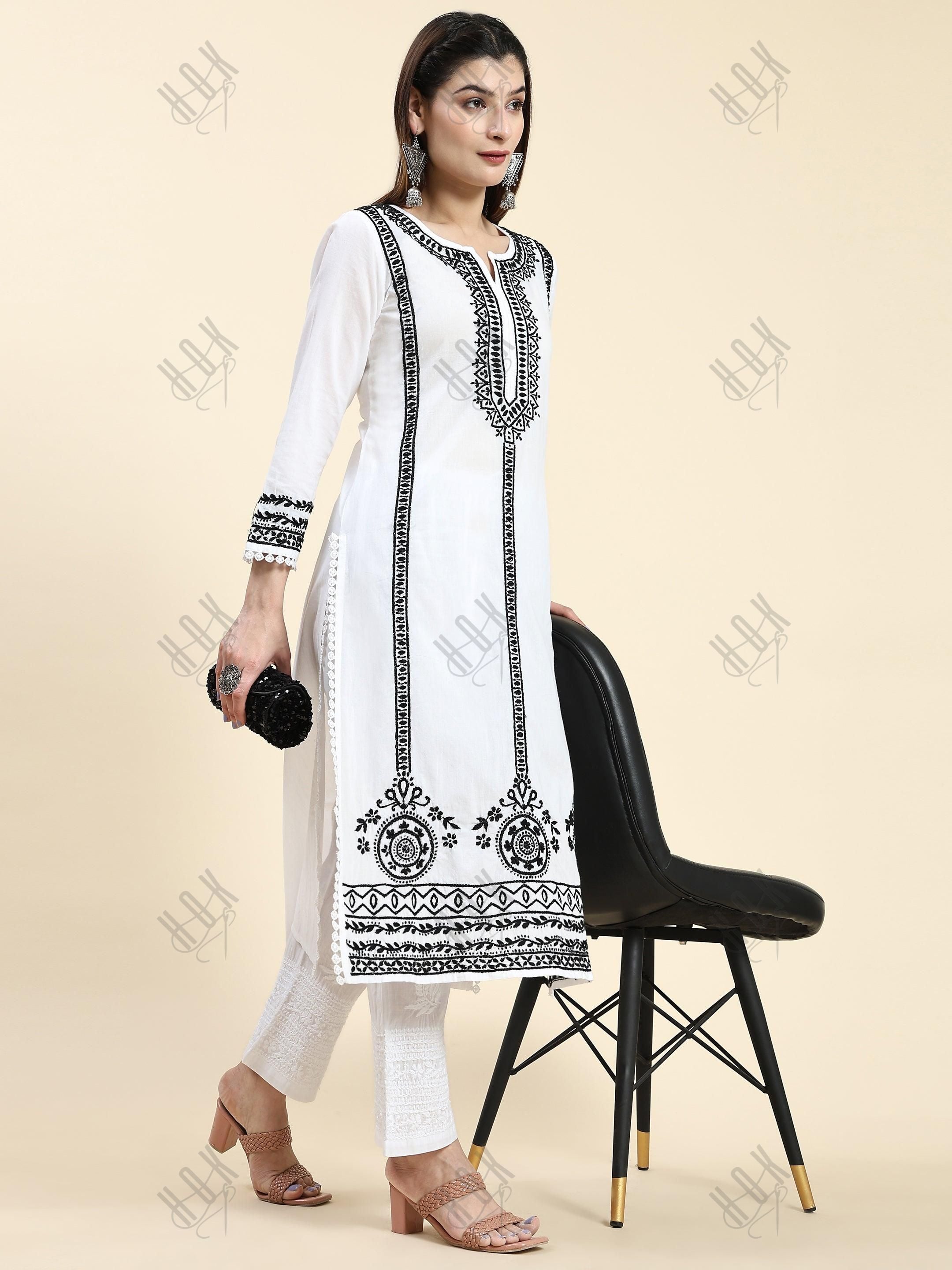 Jiya in HOK Chikankari Long Kurti In Cotton for Women- White With Black - House Of Kari (Chikankari Clothing)