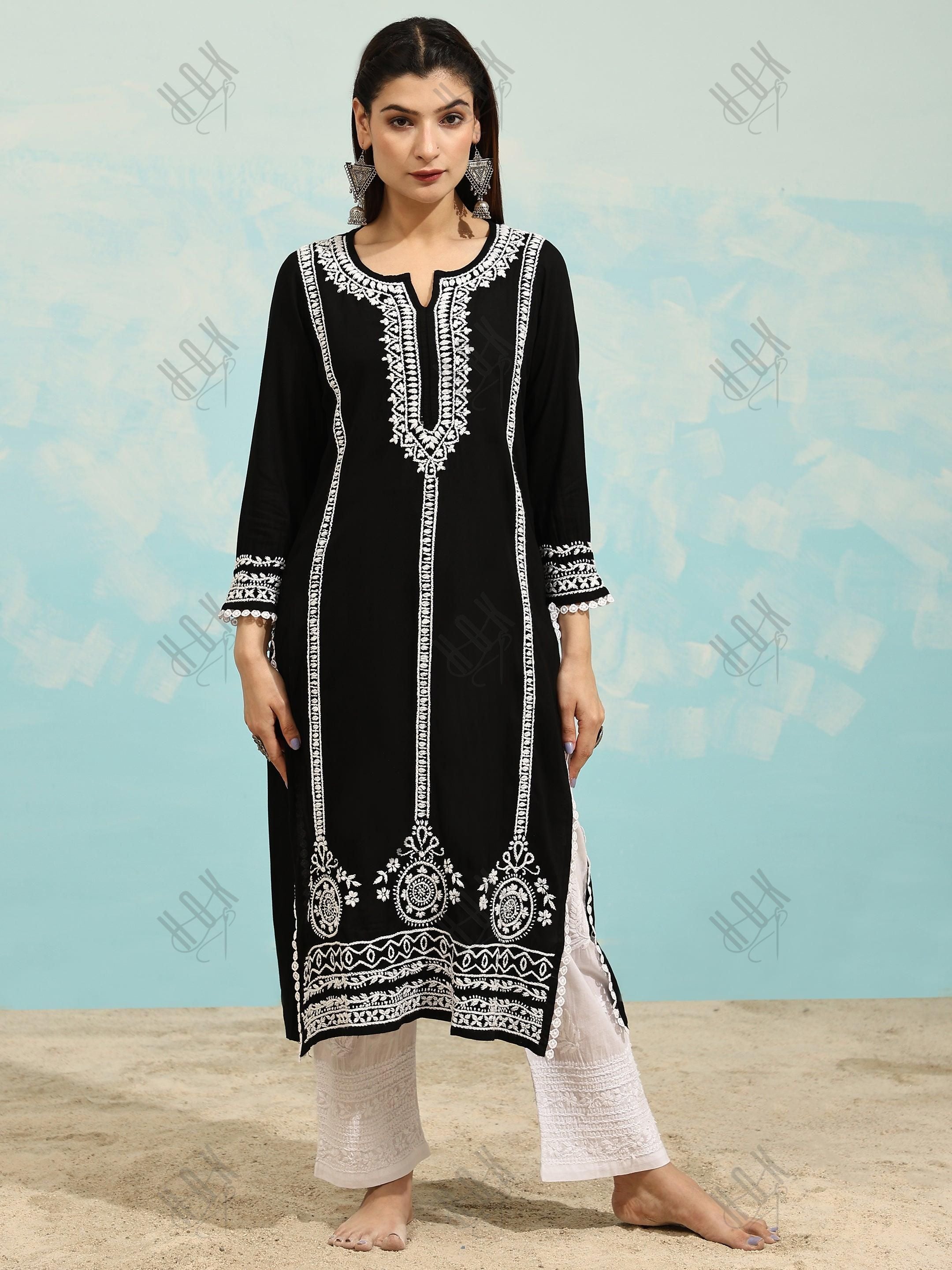 Sharmin in Chikankari Long Kurta in Rayon Cotton for Women- Black With White - House Of Kari (Chikankari Clothing)