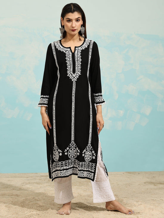 Sharmin in Chikankari Long Kurta in Rayon Cotton for Women- Black With White - House Of Kari (Chikankari Clothing)