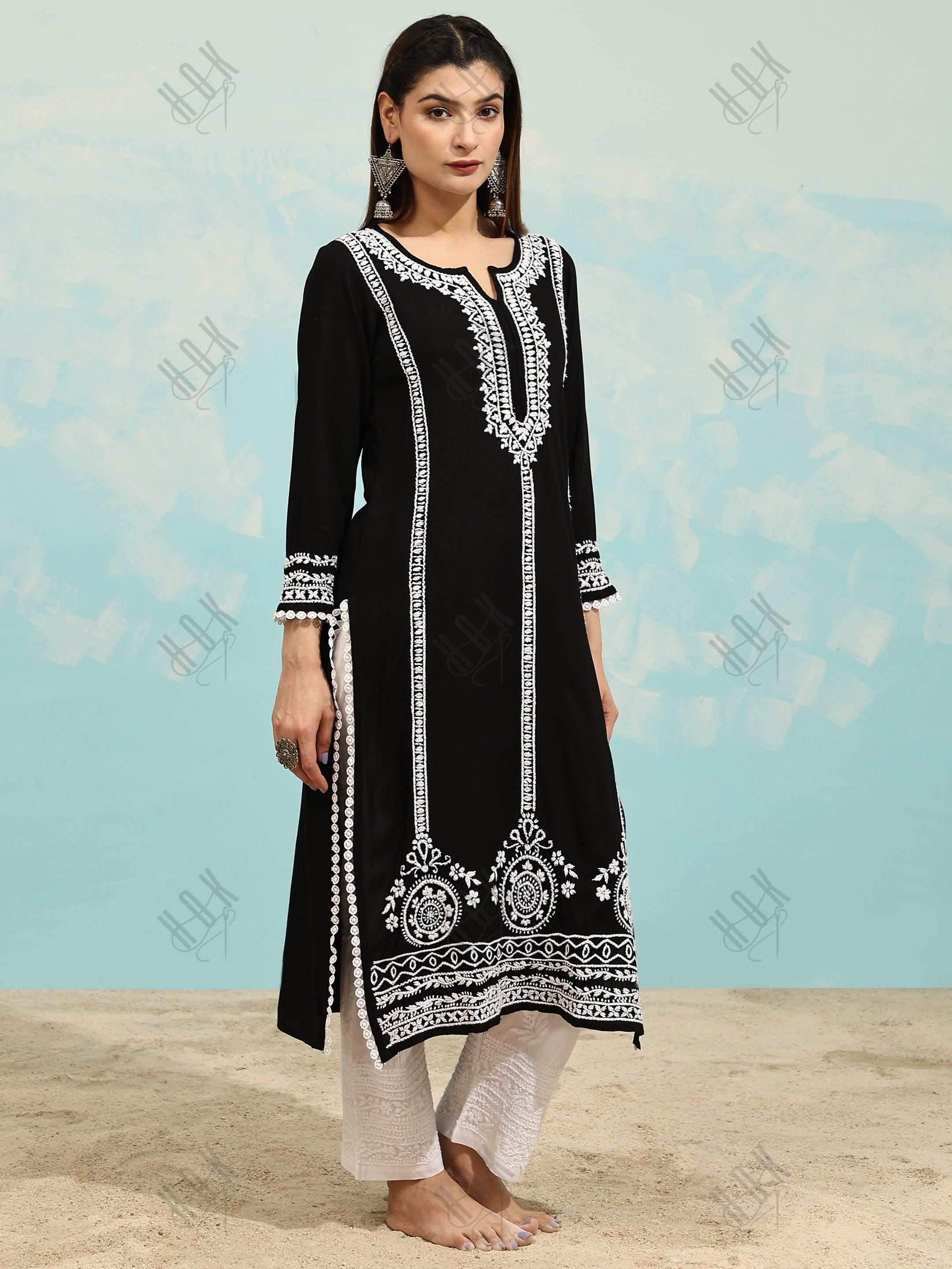 Sharmin in Chikankari Long Kurta in Rayon Cotton for Women- Black With White - House Of Kari (Chikankari Clothing)