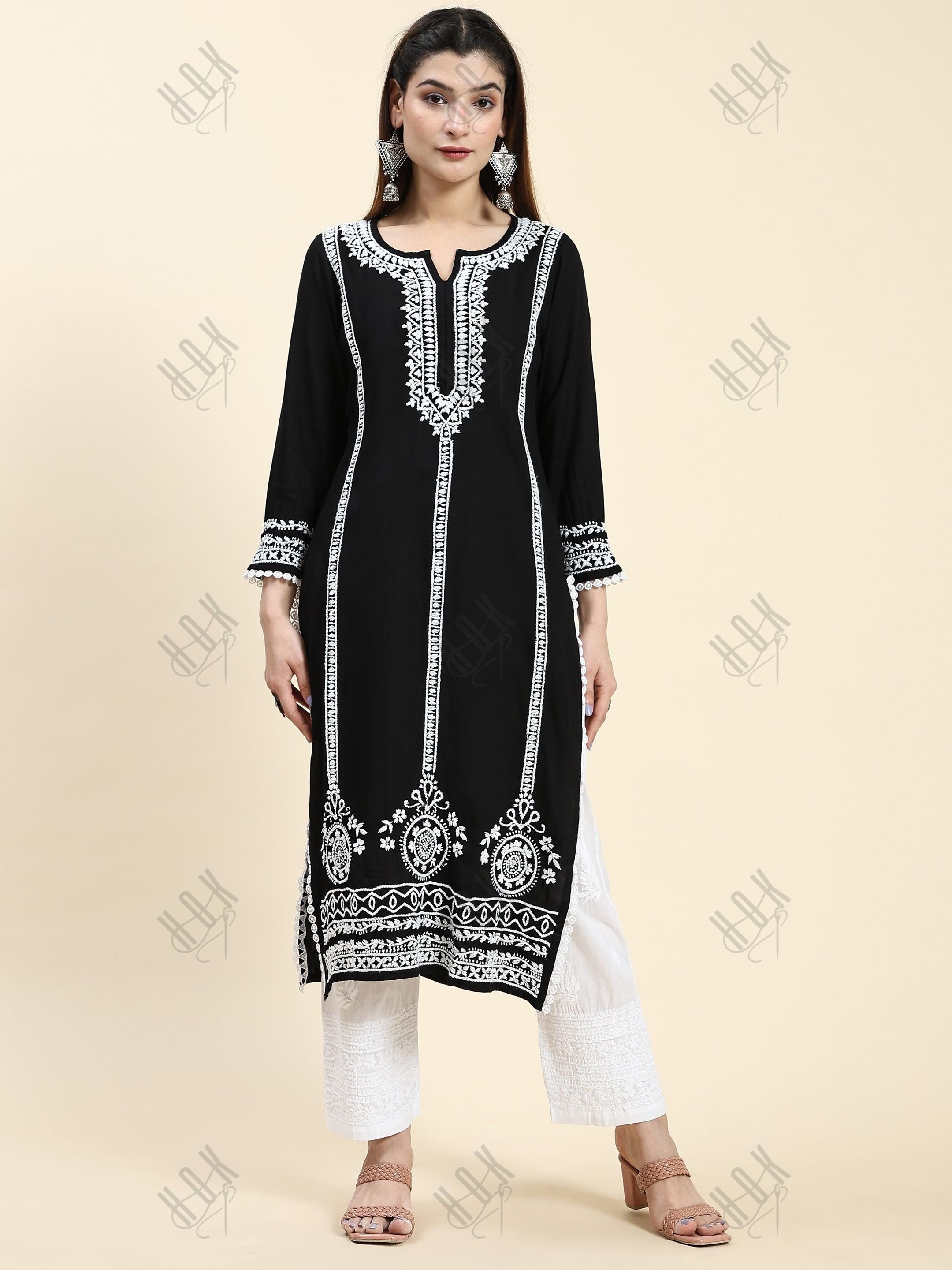 Sharmin in Chikankari Long Kurta in Rayon Cotton for Women- Black With White - House Of Kari (Chikankari Clothing)