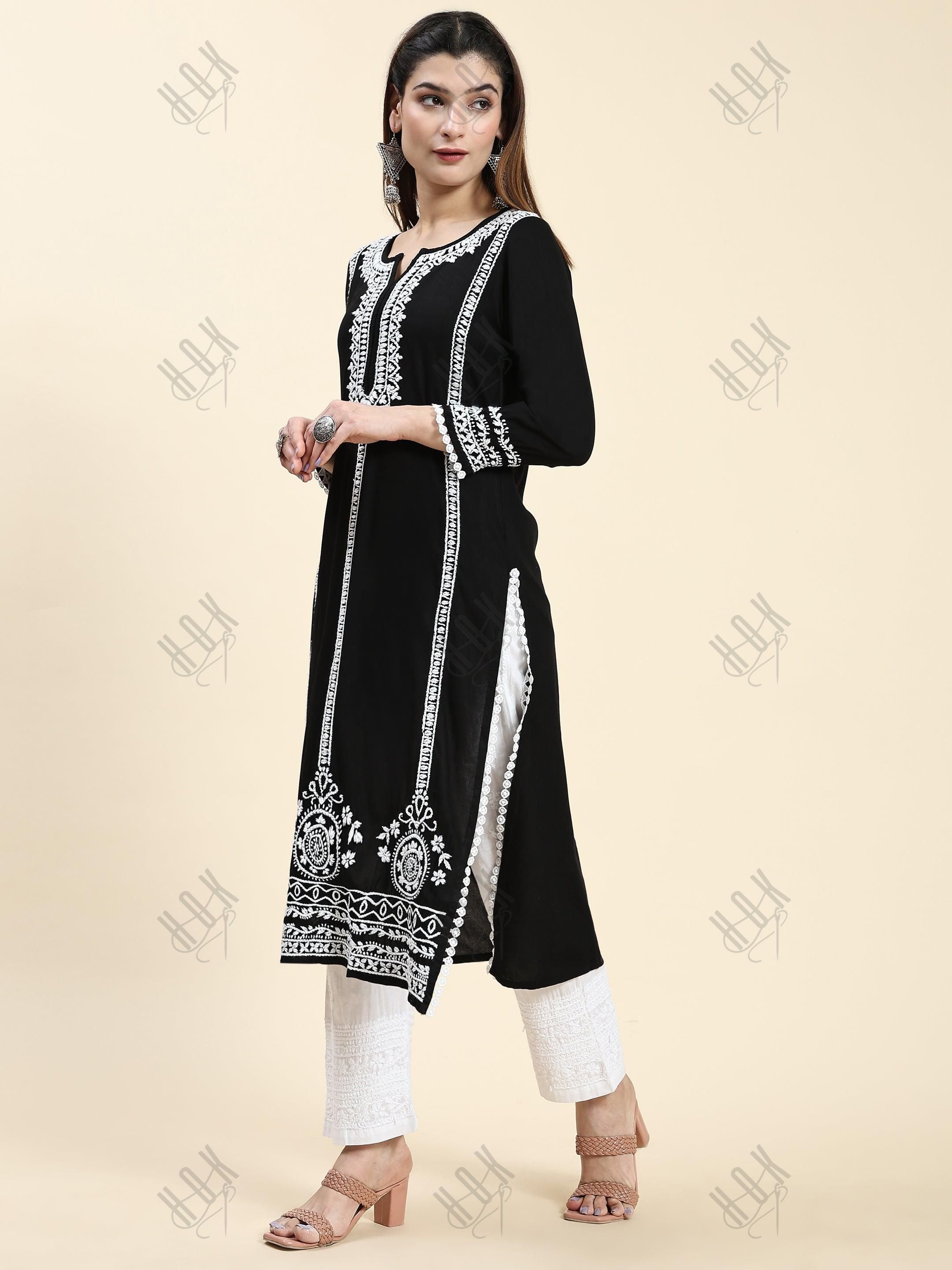 Sharmin in Chikankari Long Kurta in Rayon Cotton for Women- Black With White - House Of Kari (Chikankari Clothing)