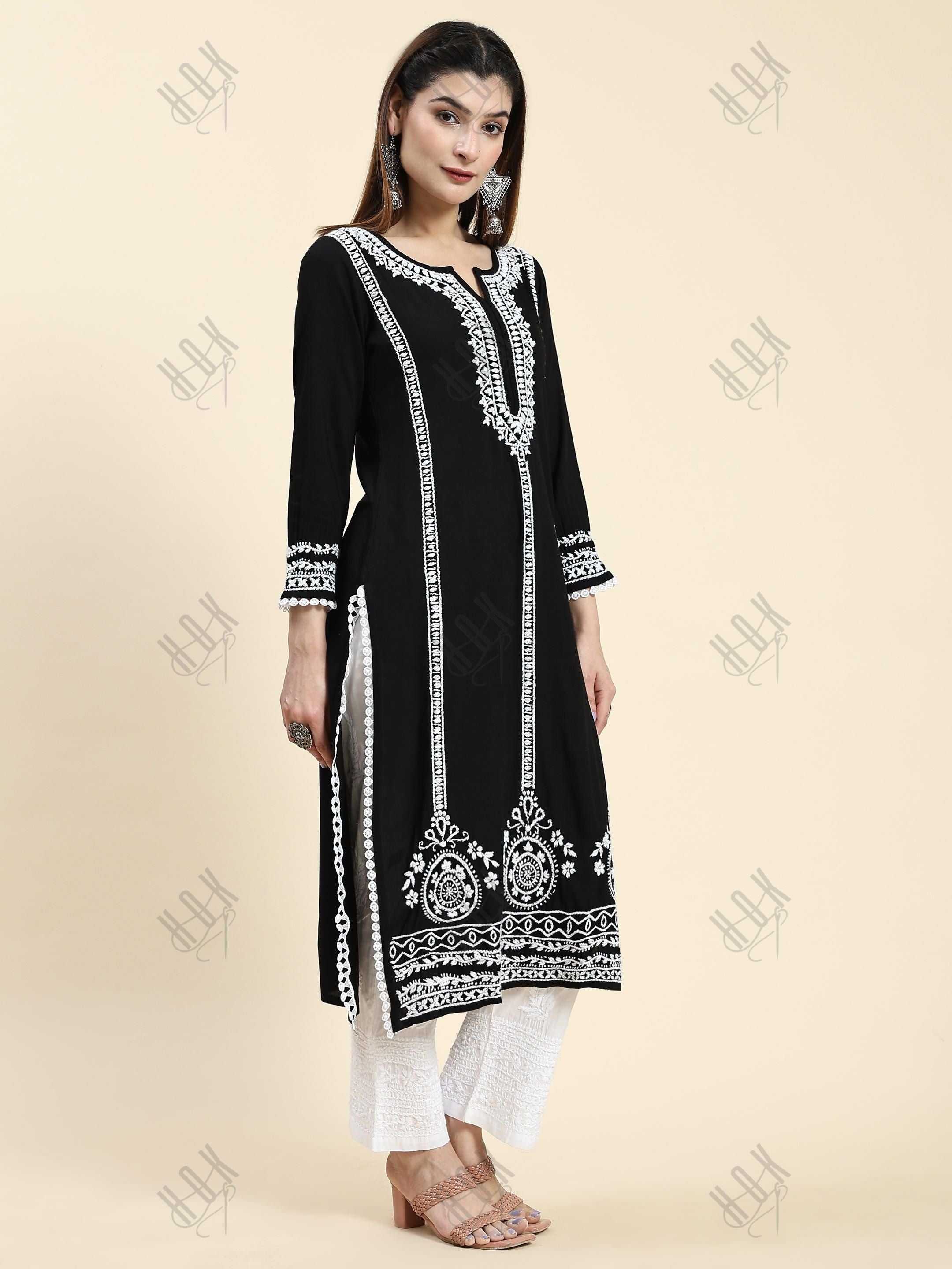 Sharmin in Chikankari Long Kurta in Rayon Cotton for Women- Black With White - House Of Kari (Chikankari Clothing)