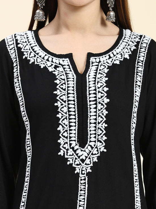 Sharmin in Chikankari Long Kurta in Rayon Cotton for Women- Black With White - House Of Kari (Chikankari Clothing)