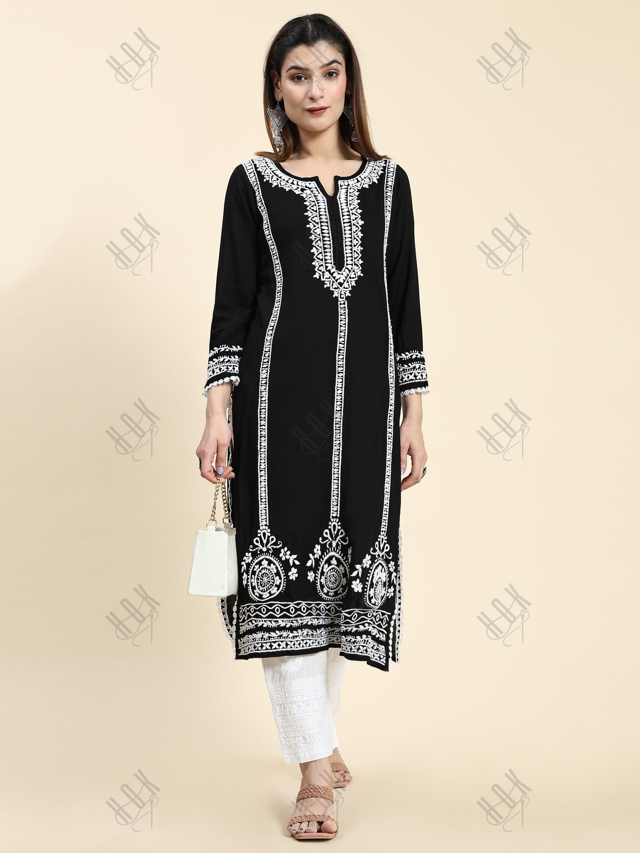 Sharmin in Chikankari Long Kurta in Rayon Cotton for Women- Black With White - House Of Kari (Chikankari Clothing)