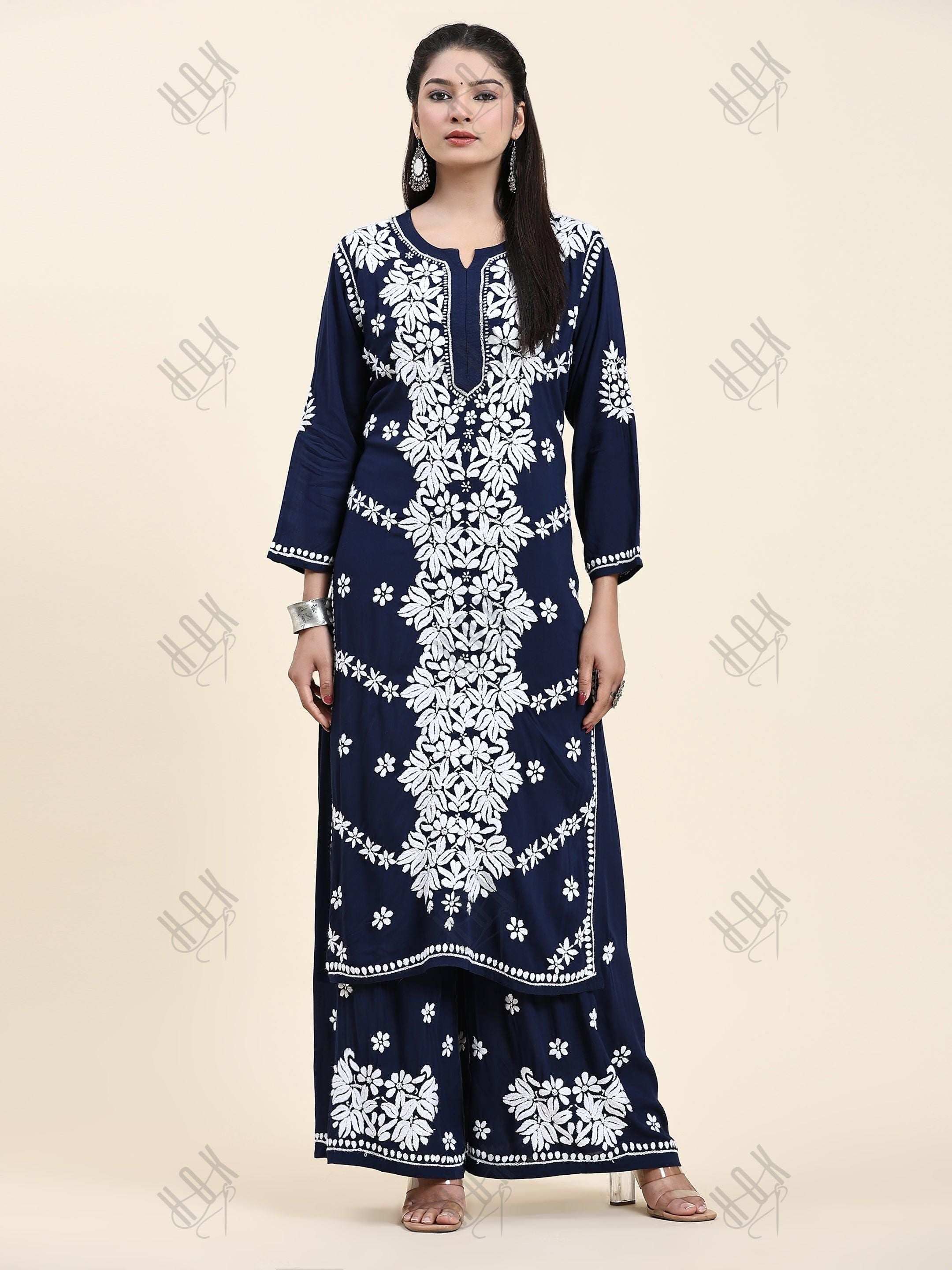 Samma Chikankari CO-ORD Set In Modal Cotton for Women In Blue - House Of Kari (Chikankari Clothing)